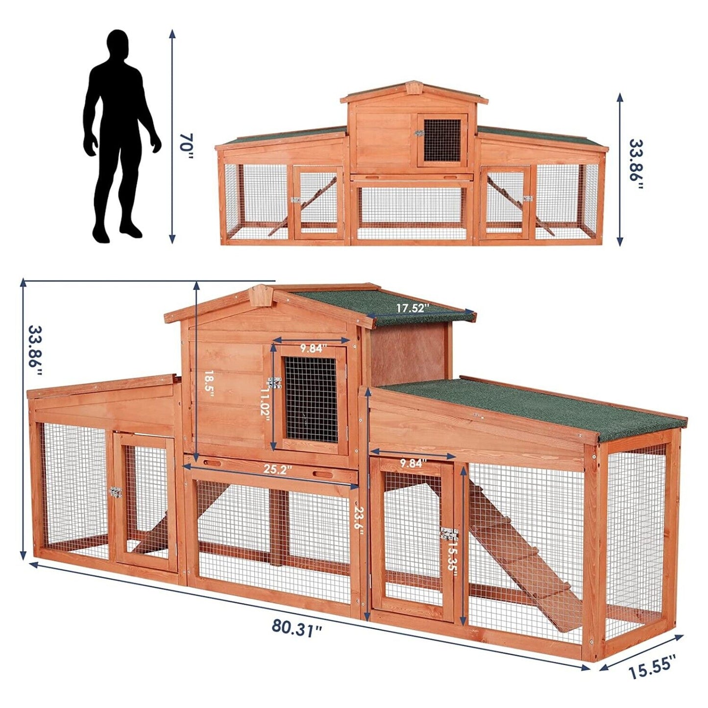 Arlopu 80.3'' Rabbit Cage Fir Wood Rabbit Hutch Outdoor Backyard Small Animals House Bunny Cage with Asphalt Roof