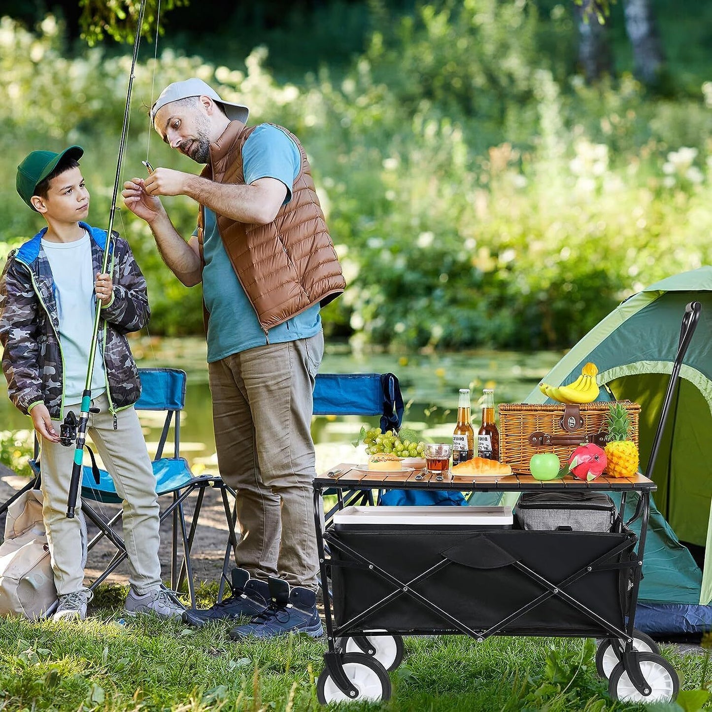 Arlopu Collapsible Utility Wagon Cart with Folding Table Plate, Portable Wagon with Aluminum Alloy Table Combo for Outdoor Picnic, Camping, Grocery Shopping, 150 lbs