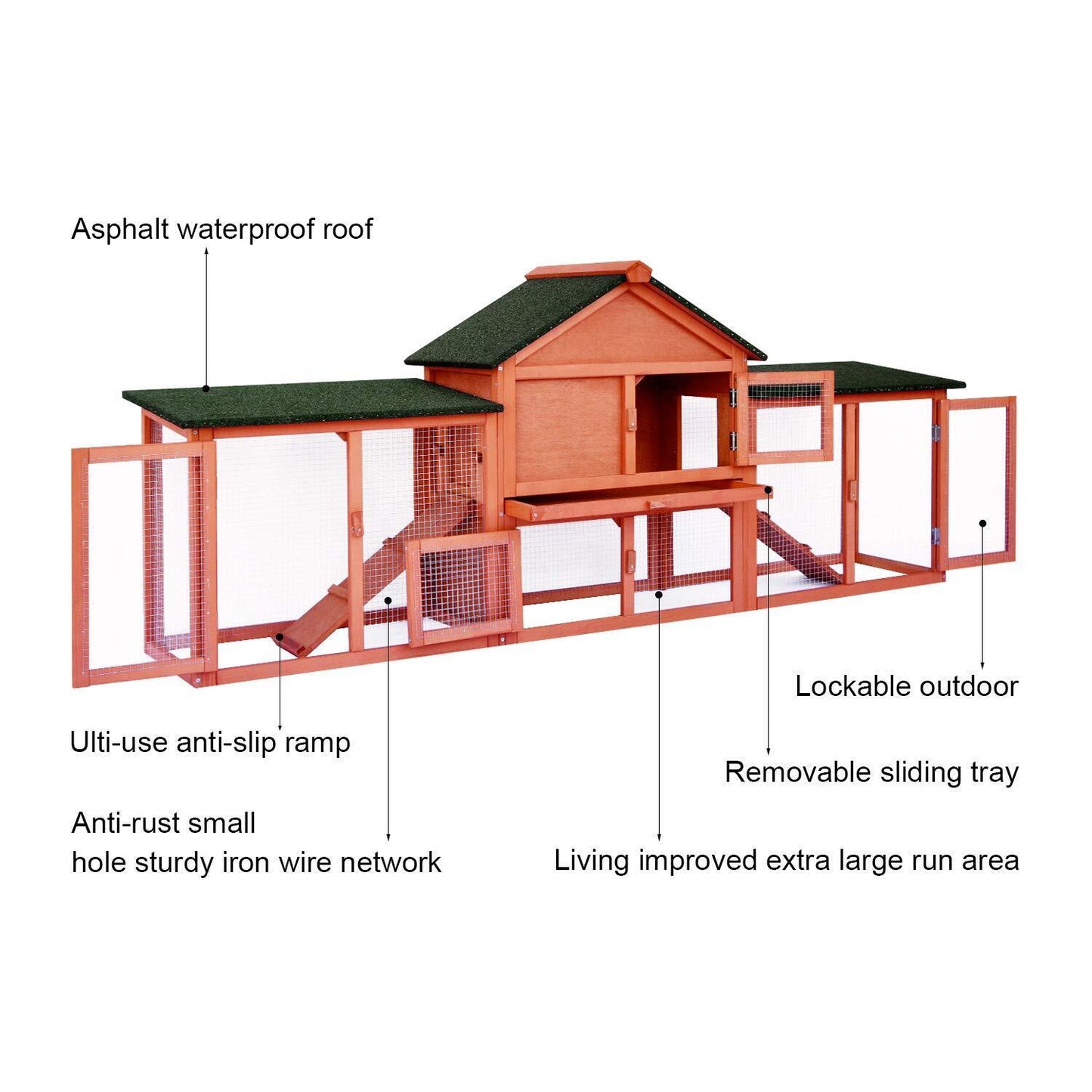 Arlopu 82.7'' Rabbit Hutch, Indoor Outdoor Backyard Bunny Cage Wooden Poultry Small Animals House with Ramps, Asphalt Roof