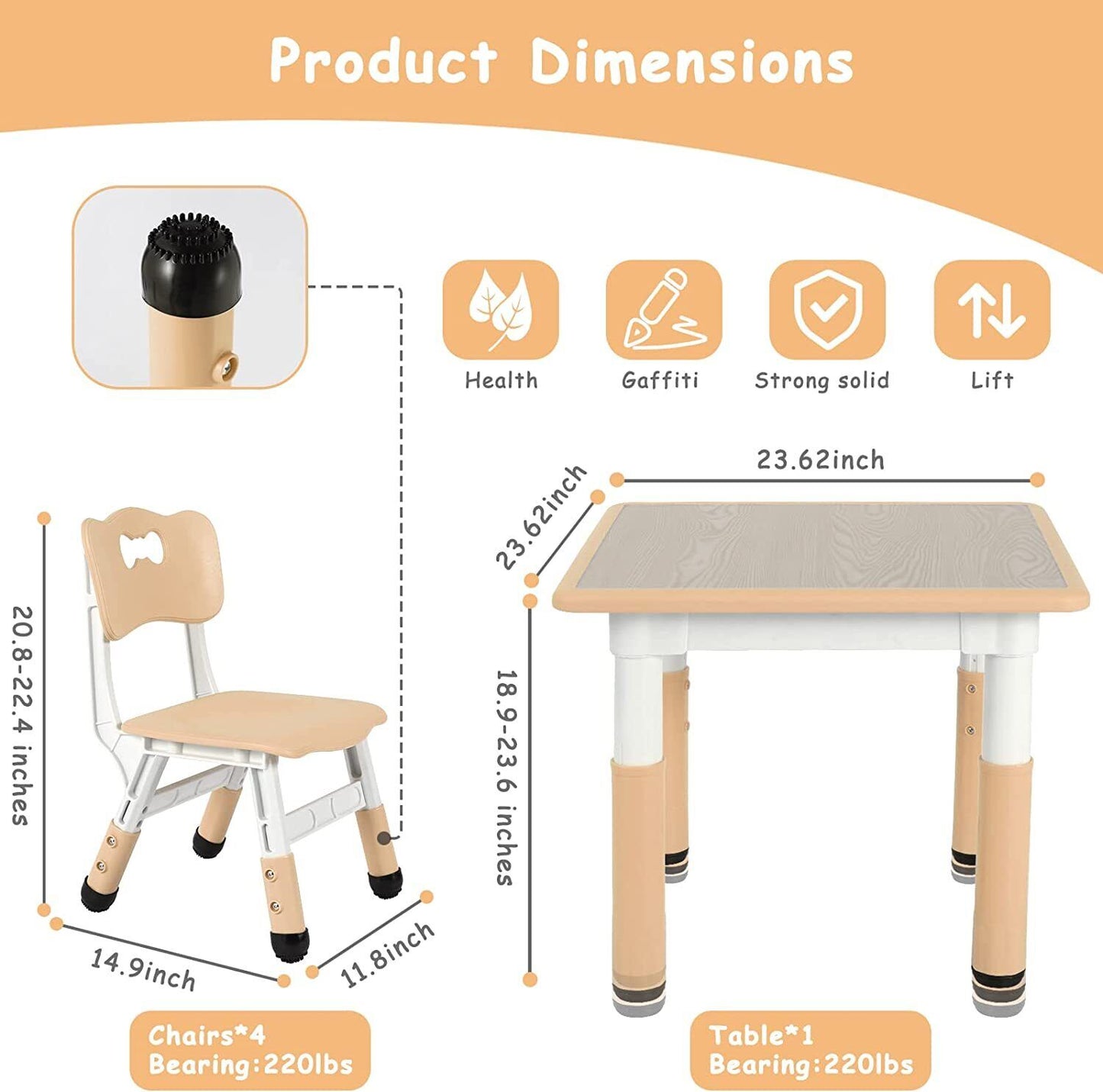 Arlopu 5 Pieces Kids Study Table and 4 Chair Set, Height Adjustable Toddler Table and Chair Set for 4, Multifunctional Toddler Table, Reading, Drawing, Eating Interaction