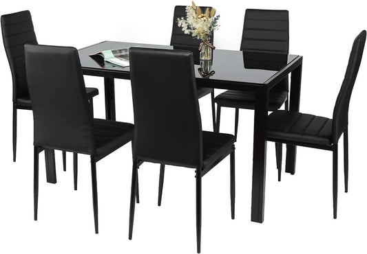 Arlopu 7 Piece Kitchen Dining Table Set for 6, Glass Dining Table and 6 PU Leather Chairs - Black