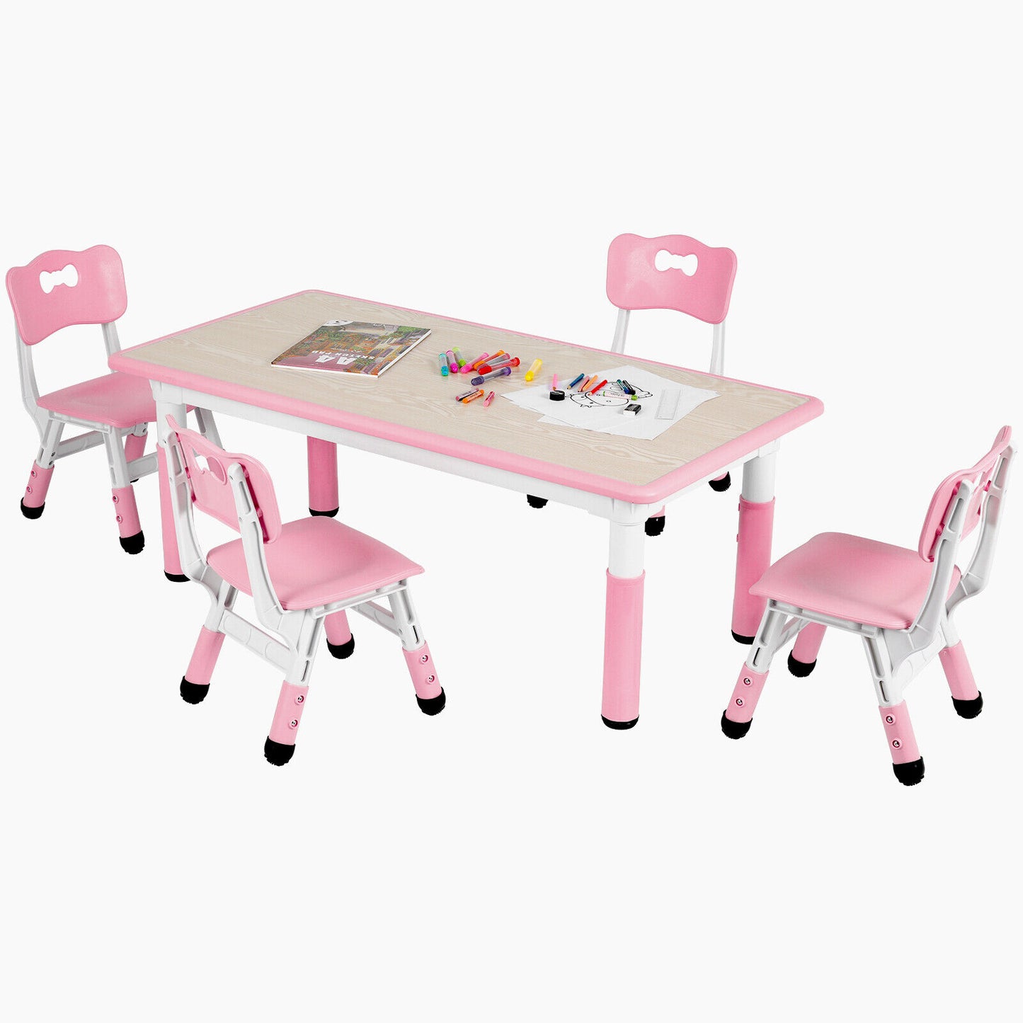 Arlopu Kids Table and 4 Chairs Set, Adjustable Height, Ideal for Arts & Crafts, Snack Time, Homeschooling, Homework