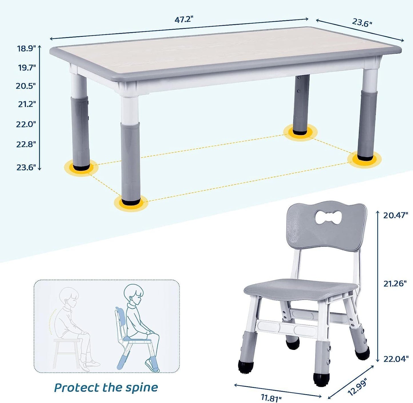 Arlopu Toddler Table and Chairs Set Height Adjustable Children Multi Activity Table Rectangular Desk for Drawing, Reading, Studying