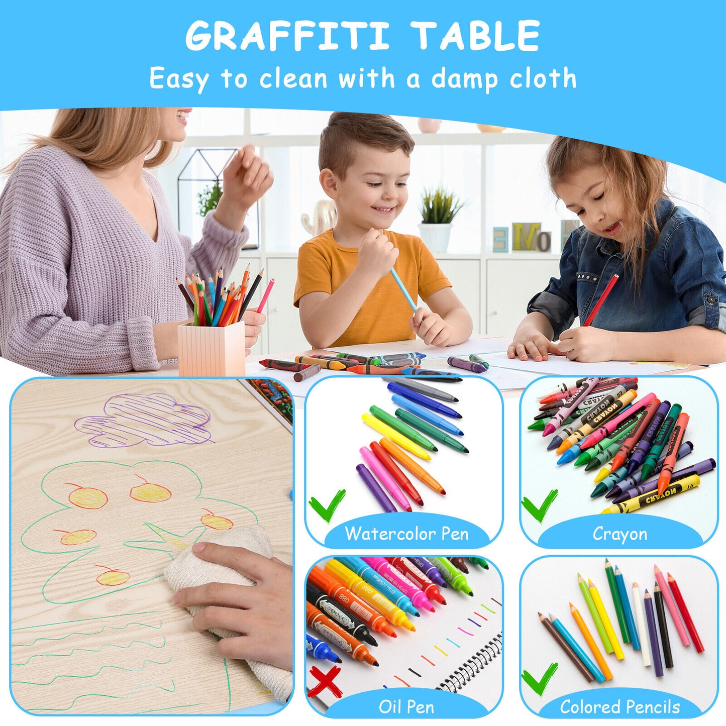 Arlopu Kids Study Table and 4 Chairs Set, Height Adjustable Toddler Arts & Crafts Multi Activity Table with Graffiti Desktop, for Classroom / Daycare / Home