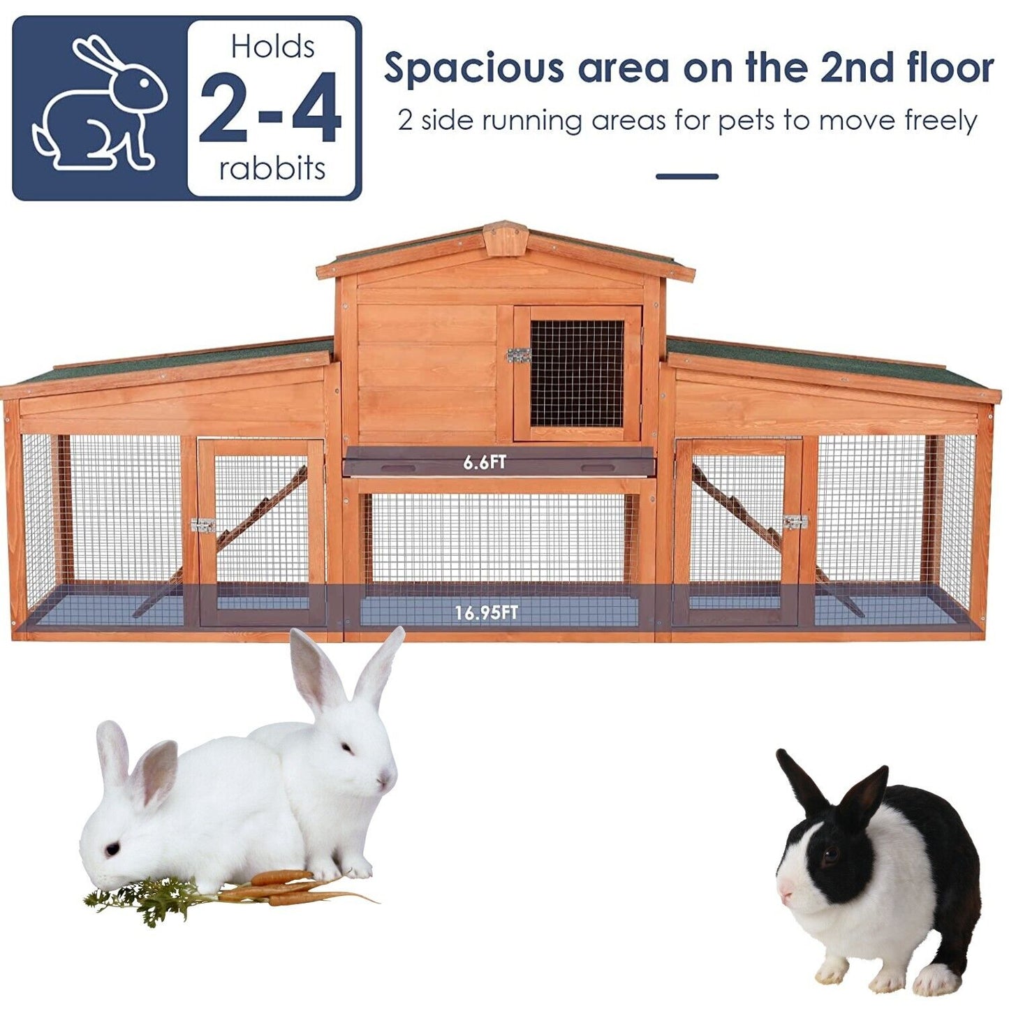 Arlopu 80.3'' Rabbit Cage Fir Wood Rabbit Hutch Outdoor Backyard Small Animals House Bunny Cage with Asphalt Roof