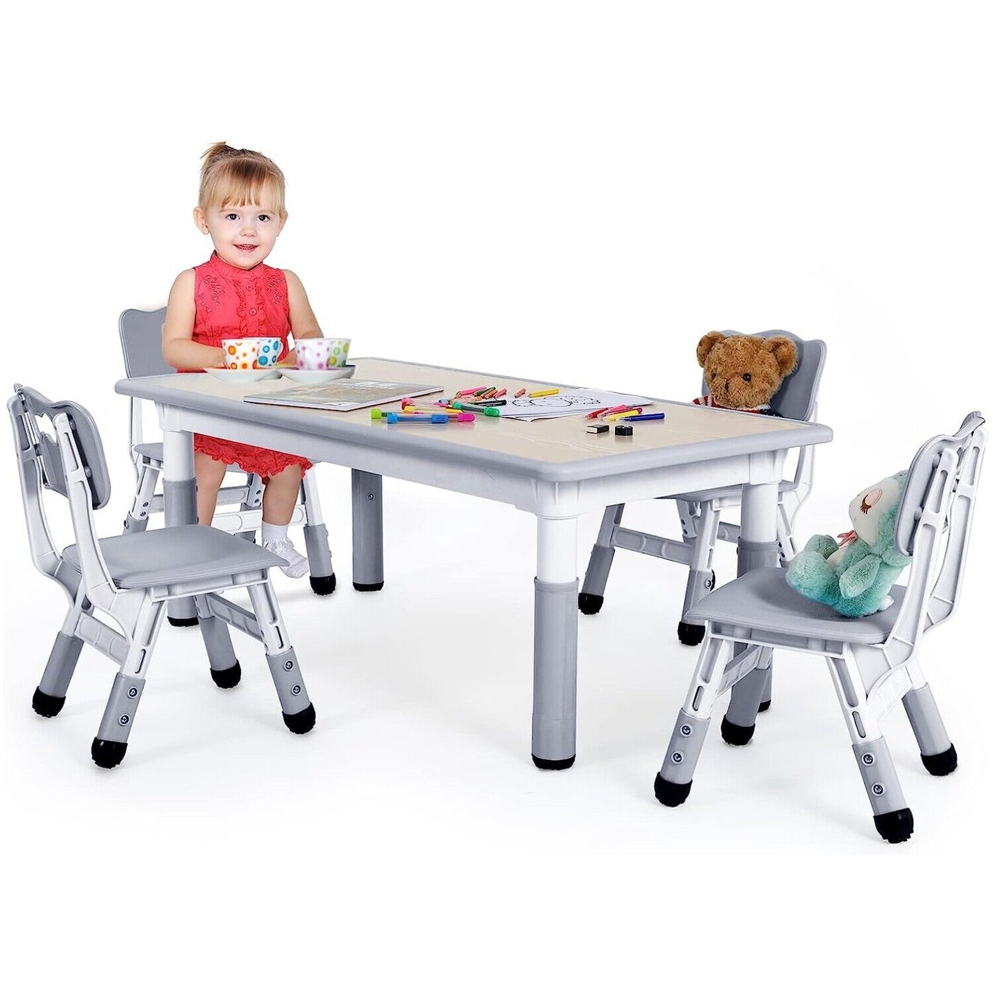 Arlopu Toddler Table and Chairs Set Height Adjustable Children Multi Activity Table Rectangular Desk for Drawing, Reading, Studying