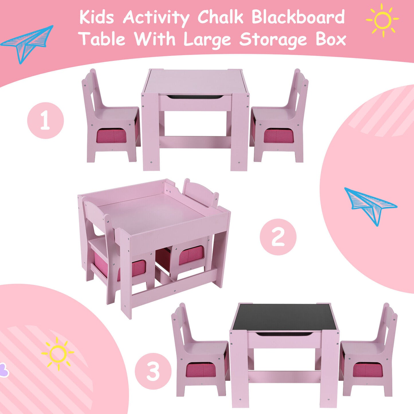 Arlopu Kids Table and 2 Chairs Set, Wooden Activity Table with Storage Drawer, Detachable Tabletop Toddler Table and Chair Set for Drawing Reading Arts & Crafts