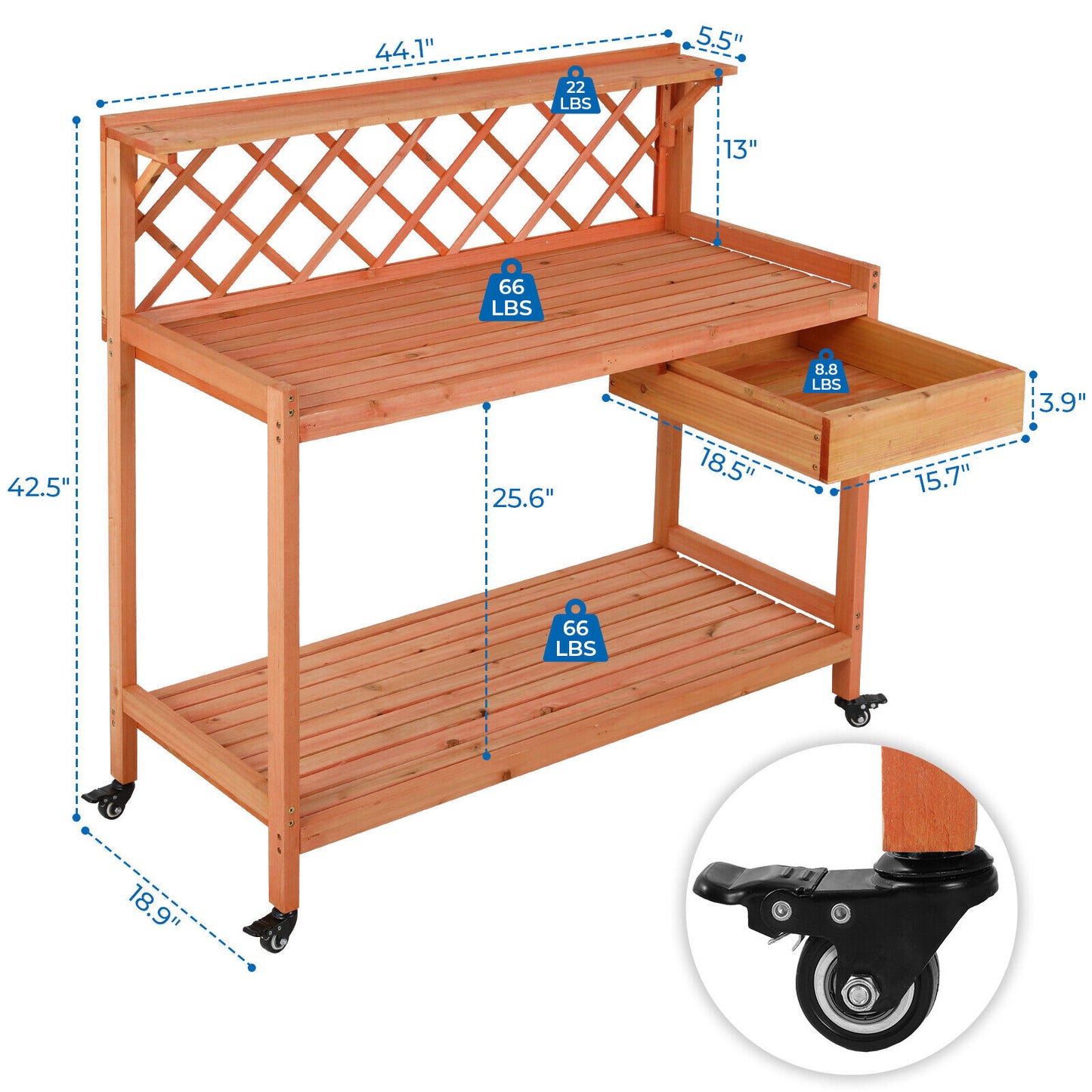 Arlopu Garden Potting Bench, Wooden Planting Table with Wheels, Outside Workstation Table W/ Cabinet Drawer