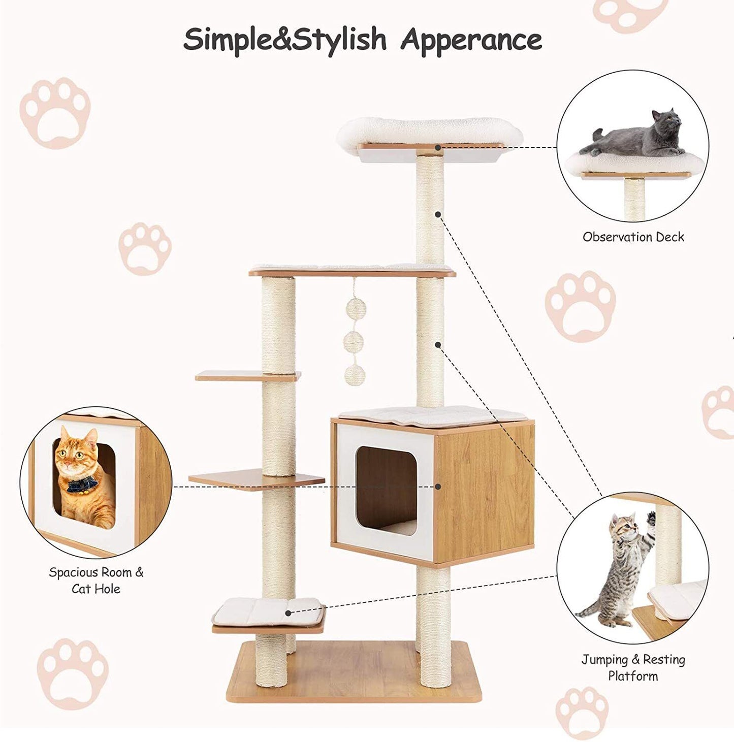 Arlopu 55'' Tall Modern Cat Tree Tower for Indoor Cats, Wooden Cat Climbing Stand Furniture, 6 Level Platform Cat Activities Condo House with Scratch Post, Washable Mats & Top Perch, for Kittens & Large Cats