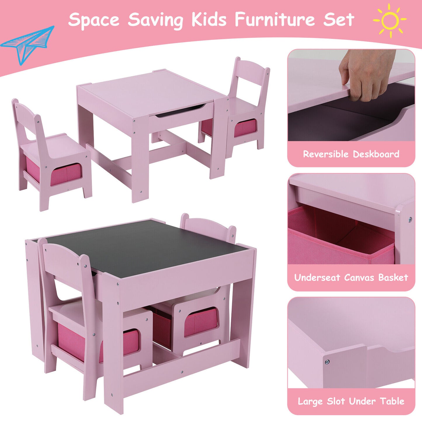 Arlopu Kids Table and 2 Chairs Set, Wooden Activity Table with Storage Drawer, Detachable Tabletop Toddler Table and Chair Set for Drawing Reading Arts & Crafts