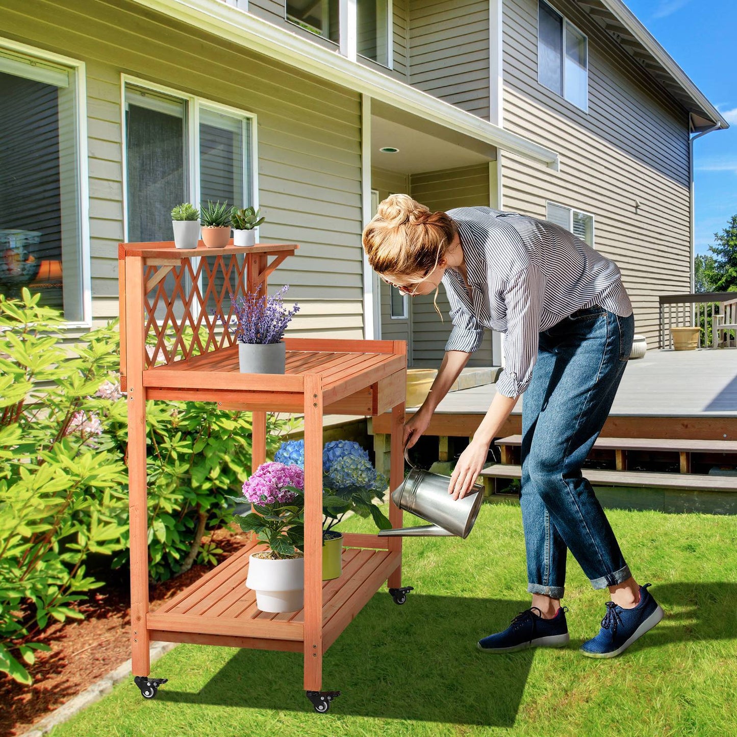 Arlopu Garden Potting Bench, Wooden Planting Table with Wheels, Outside Workstation Table W/ Cabinet Drawer