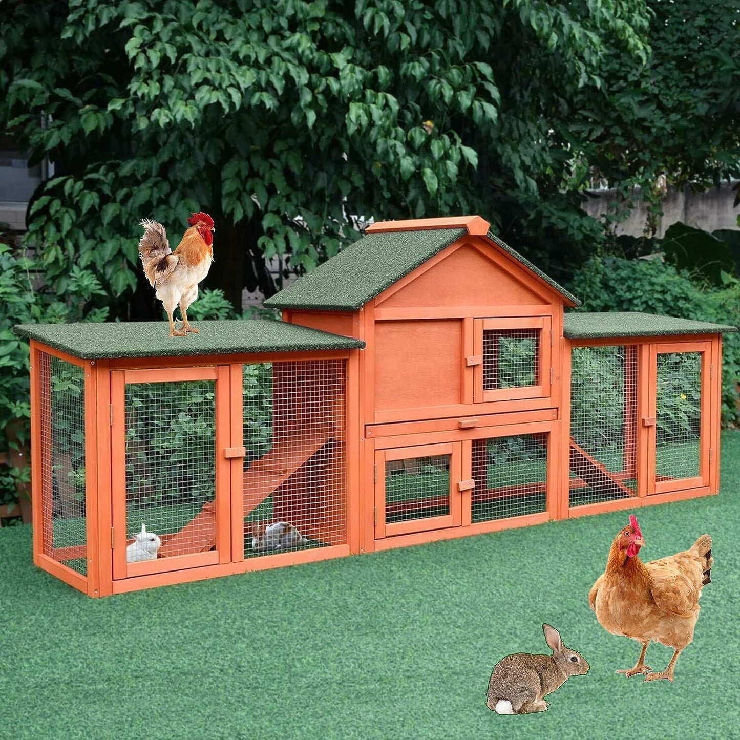 Arlopu 82.7'' Rabbit Hutch, Indoor Outdoor Backyard Bunny Cage Wooden Poultry Small Animals House with Ramps, Asphalt Roof