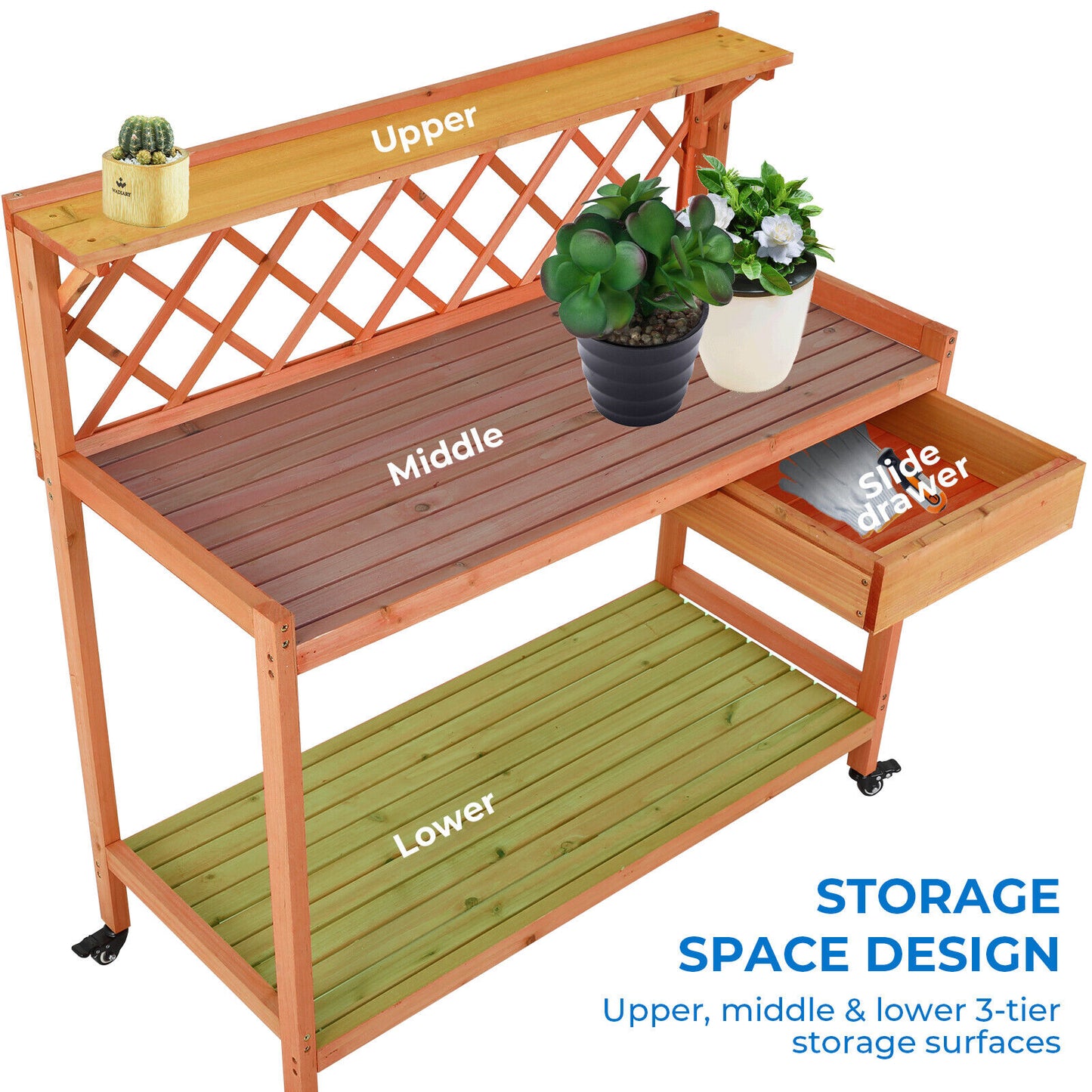 Arlopu Garden Potting Bench, Wooden Planting Table with Wheels, Outside Workstation Table W/ Cabinet Drawer