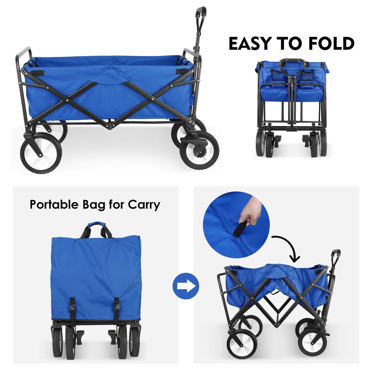 Arlopu Collapsible Wagon Cart, Folding Utility Beach Wagon Outdoor Grocery Shopping Cart, Blue