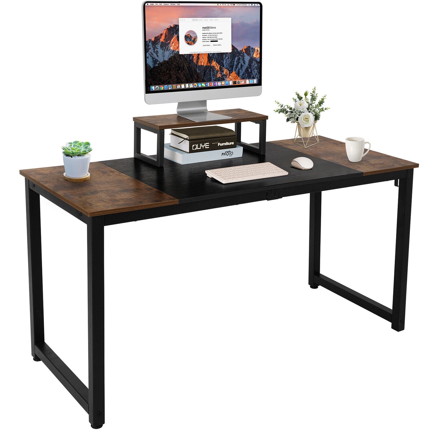 Arlopu 55'' Computer Desk, Home Office Desk, Sturdy Writing Study Table PC Laptop Table with Monitor Stand, Headphone Hook