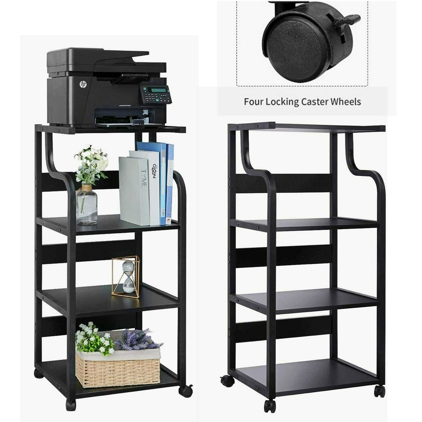 Arlopu 4-Tier Mobile Printer Stand with Wheels, Home Office Printer Cart with Storage Shelves