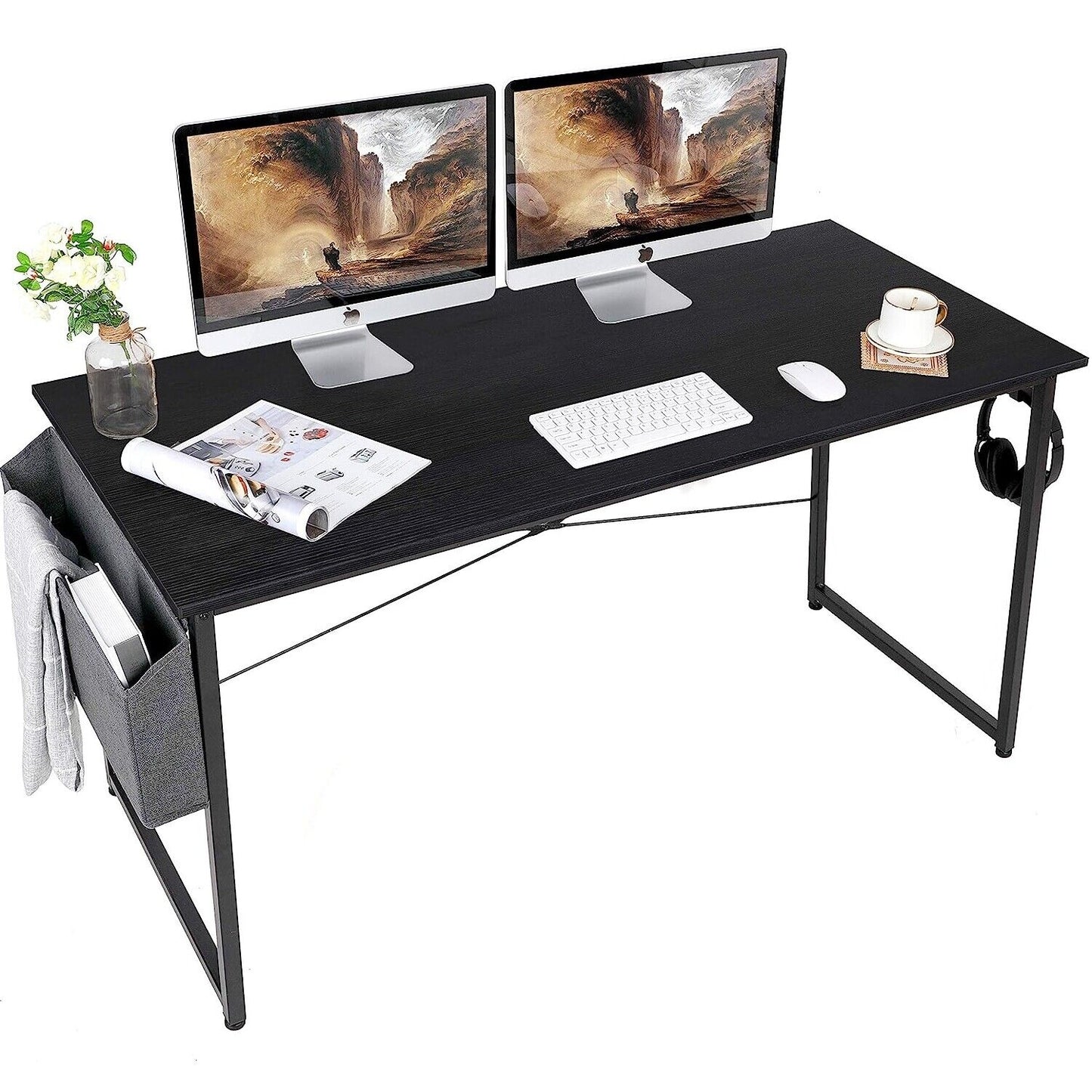 Arlopu 55'' Computer Desk, Home Office Desk with Side Storage Bag, Modern Simple Style Writing Study Desk PC Laptop Table