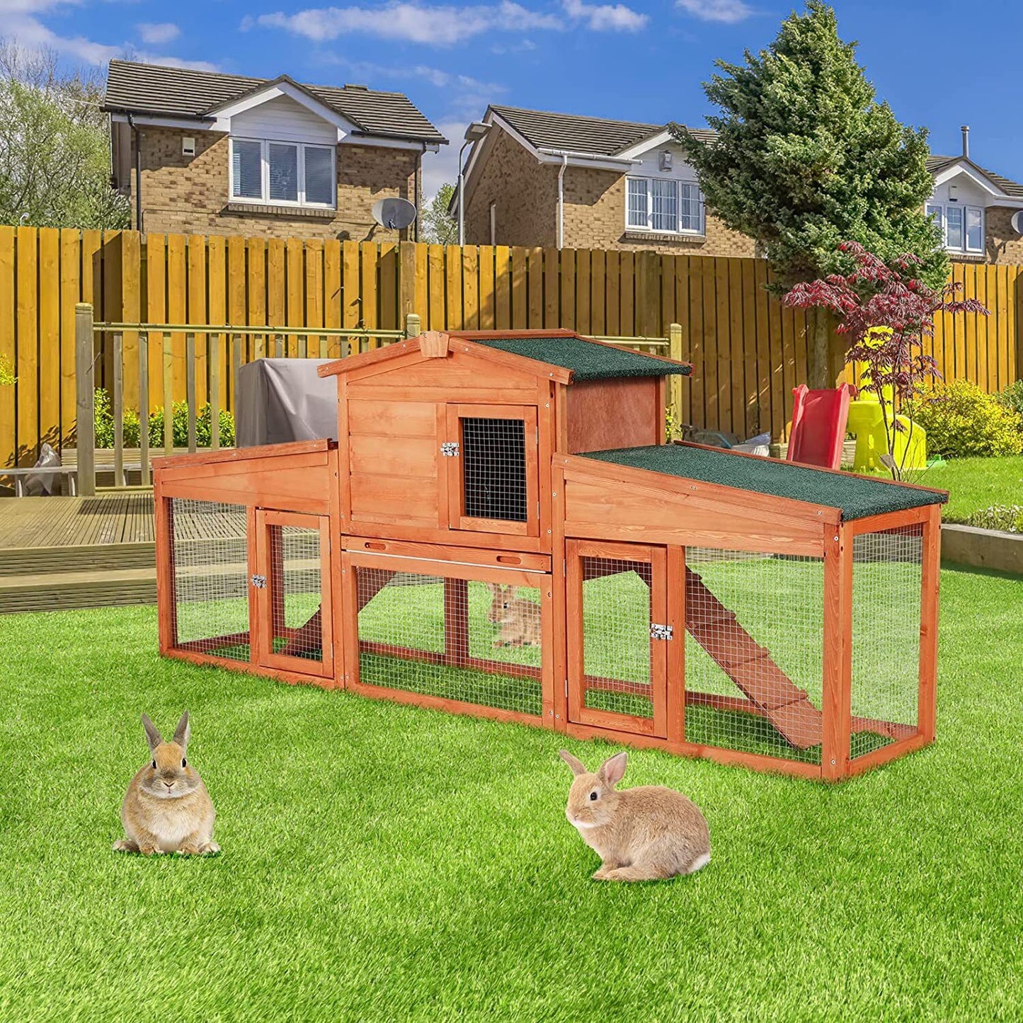 Arlopu 80.3'' Rabbit Cage Fir Wood Rabbit Hutch Outdoor Backyard Small Animals House Bunny Cage with Asphalt Roof