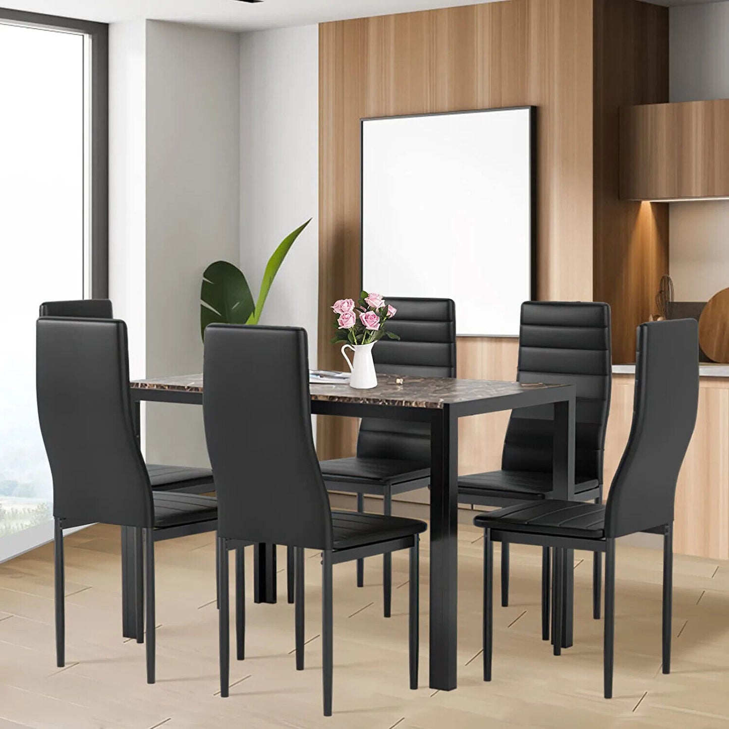 Arlopu 7-Piece Kitchen Dining Table Set for 6, Rectangle MDF Table and 6 PU Leather Chairs for Kitchen, Dining Room