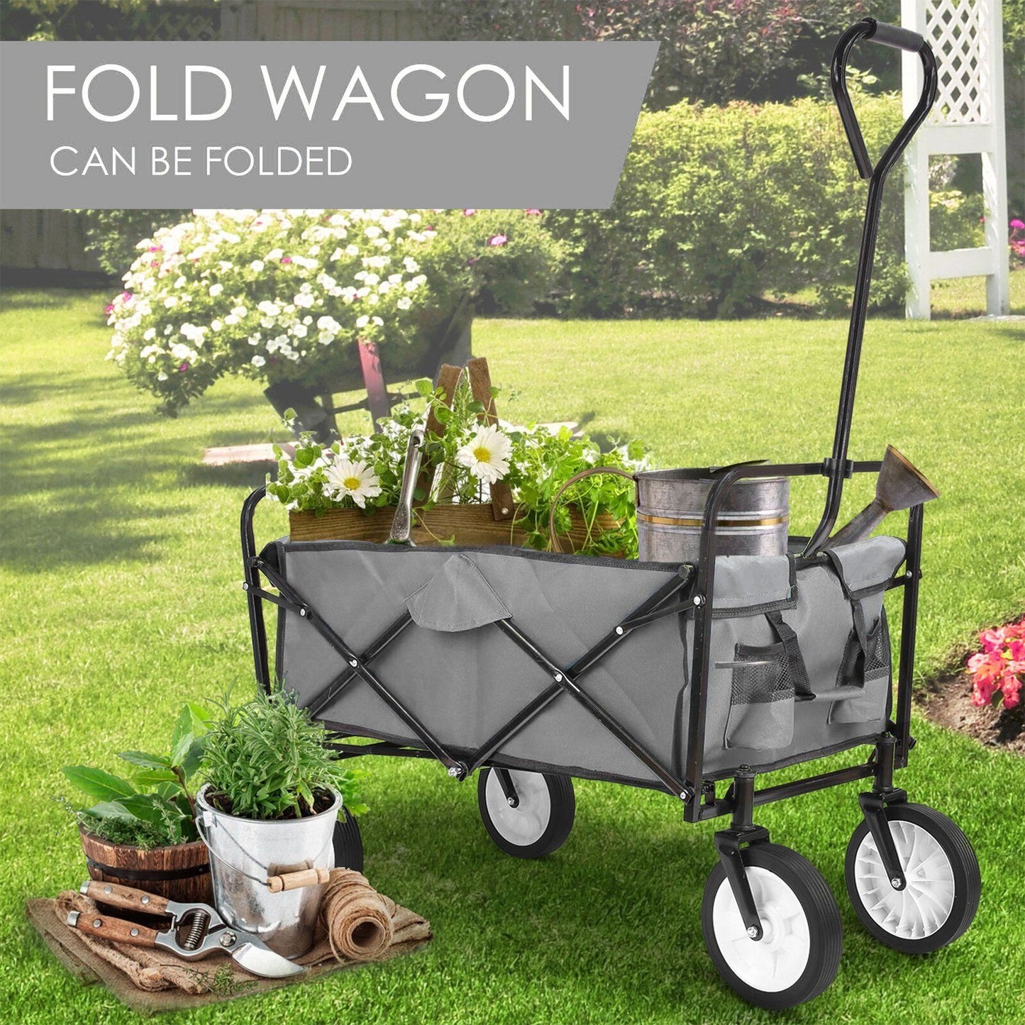 Arlopu Collapsible Outdoor Utility Wagon, Folding Wagon Carts, Heavy Duty Shopping Cart Garden Cart