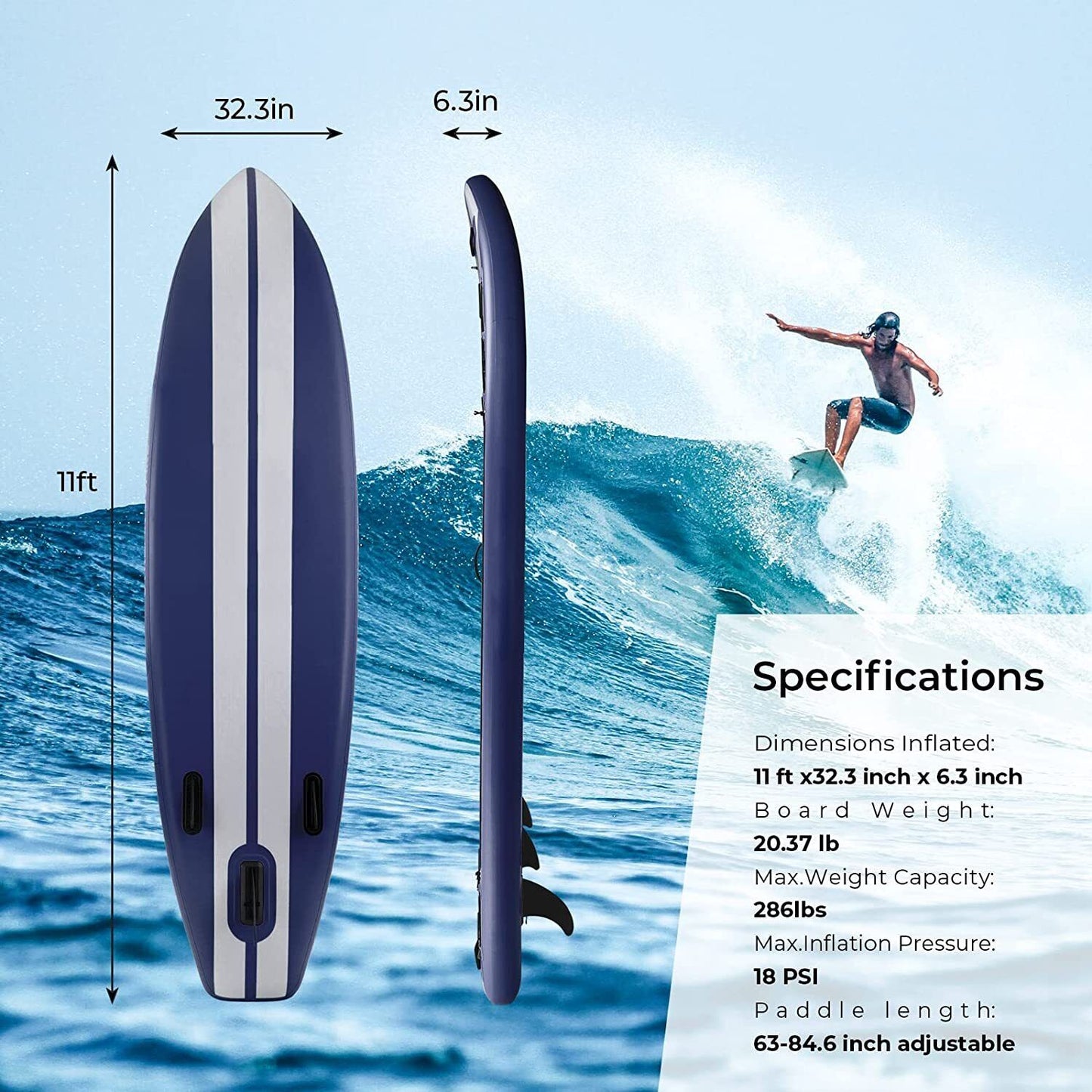 Arlopu 11FT Inflatable Stand Up Paddle Board Non-Slip SUP Surfboard with Complete Kit