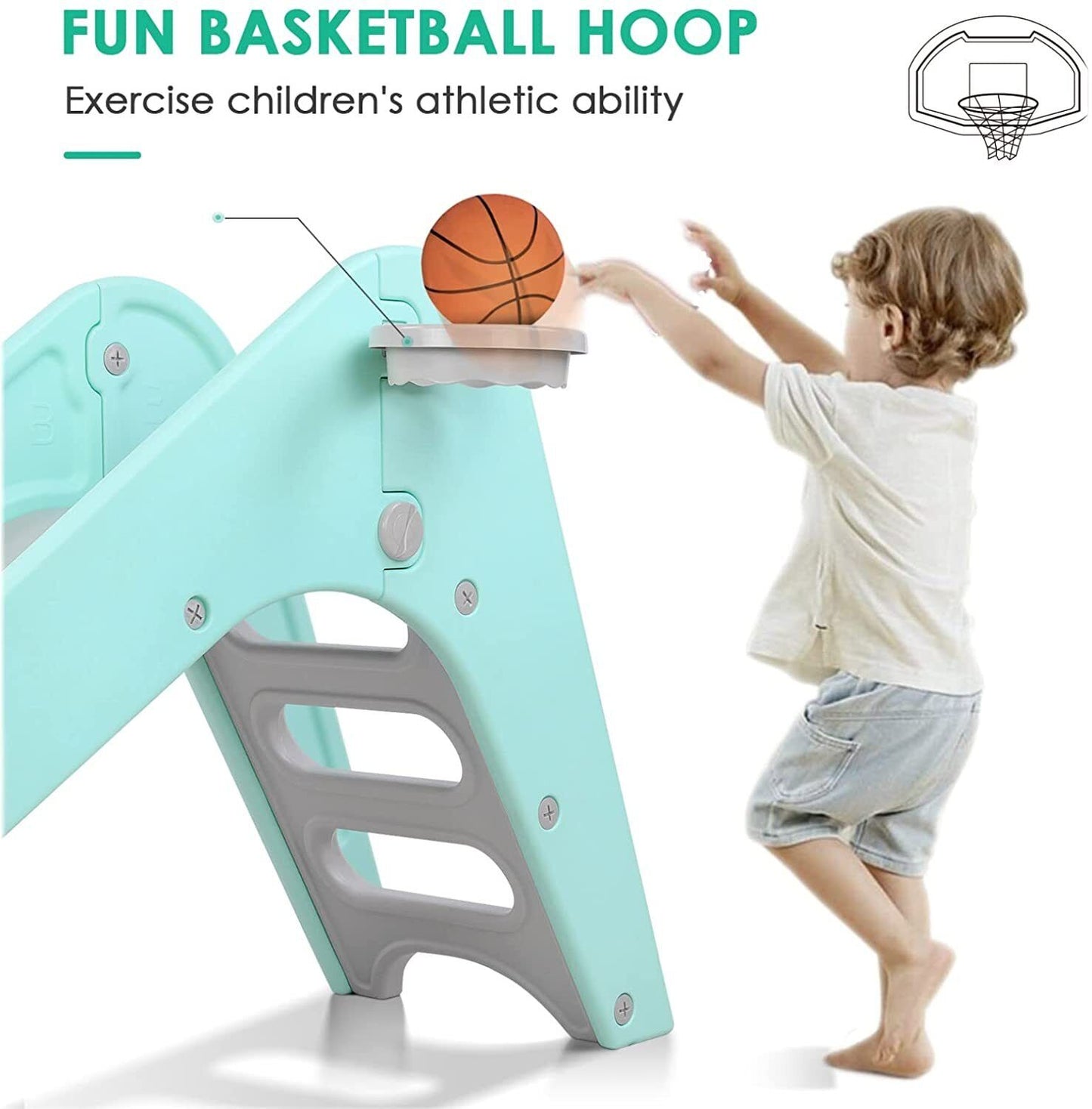 Arlopu Plastic Toddler First Slide, Kids Slide Play Climber with Basketball Hoop, Indoor Outdoor Playground Toy for Kids 1-6 Years