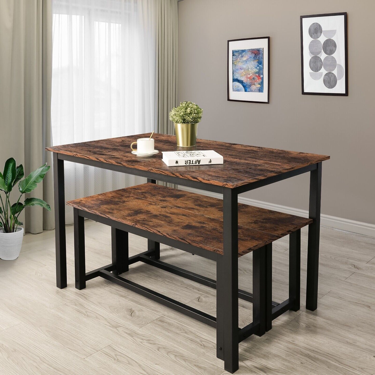 Arlopu Compact Dining Table Set with 2 Benches for Dining Room / Kitchen