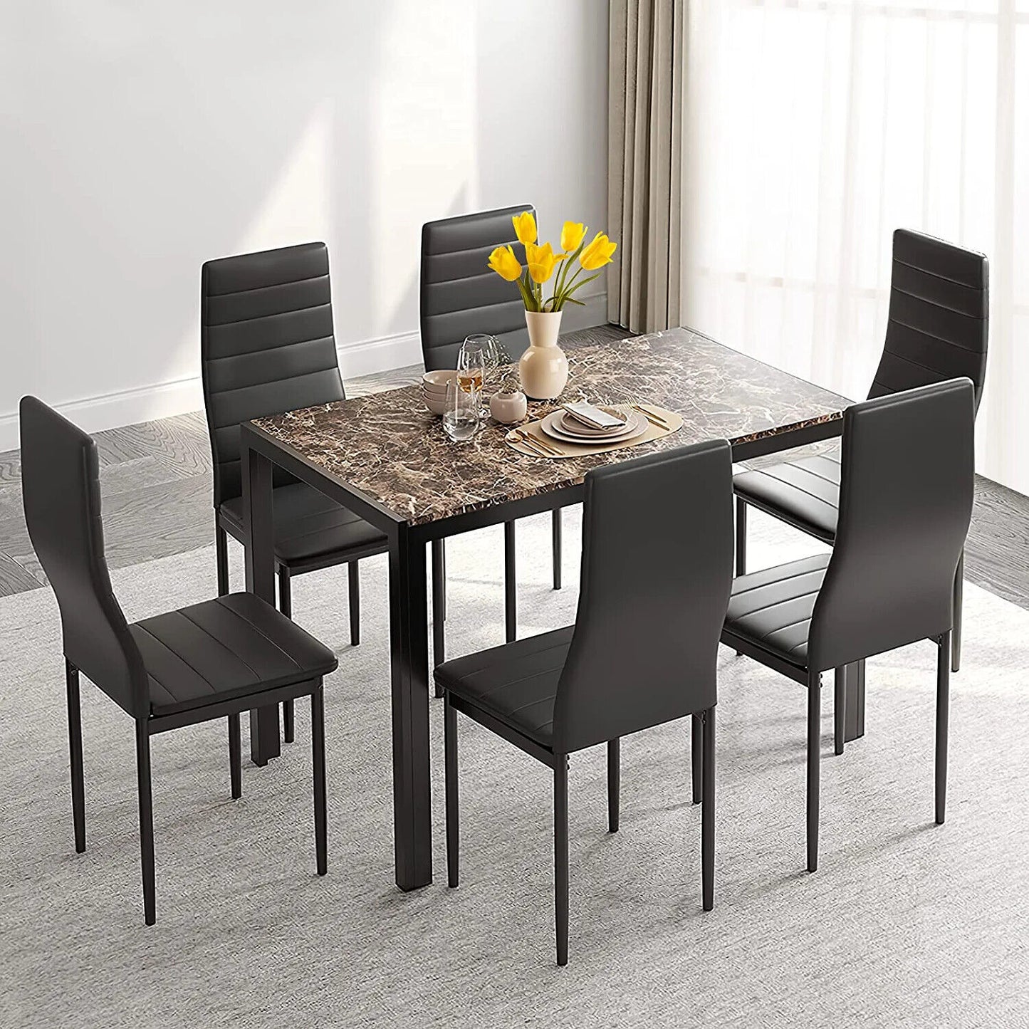 Arlopu 7-Piece Kitchen Dining Table Set for 6, Rectangle MDF Table and 6 PU Leather Chairs for Kitchen, Dining Room