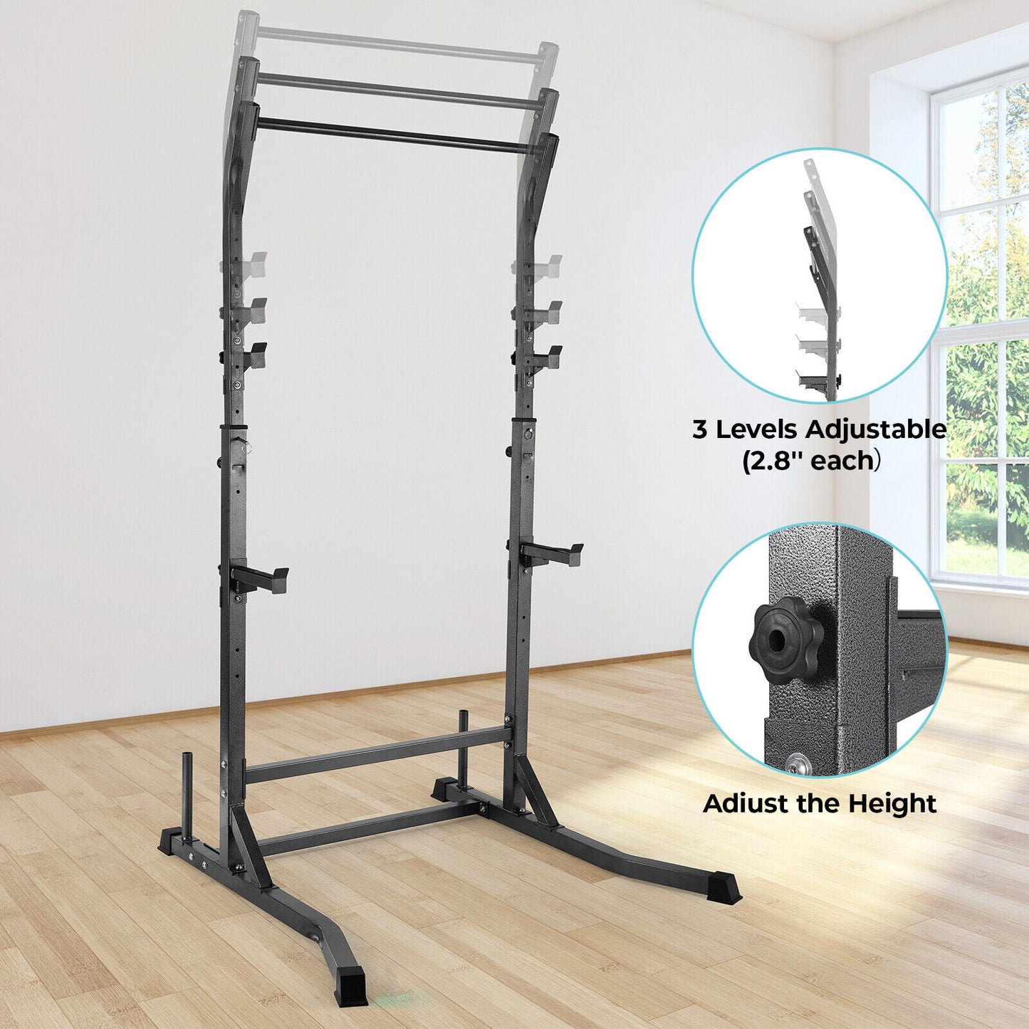 Arlopu Multi-Function Power Squat Rack Cage, Adjustable Bench Press Rack with Pull Up Bar, Squat Stand Full Body Strength Training, Weight Storage Rods, 2 Safety Spotter Arms for Home Gym