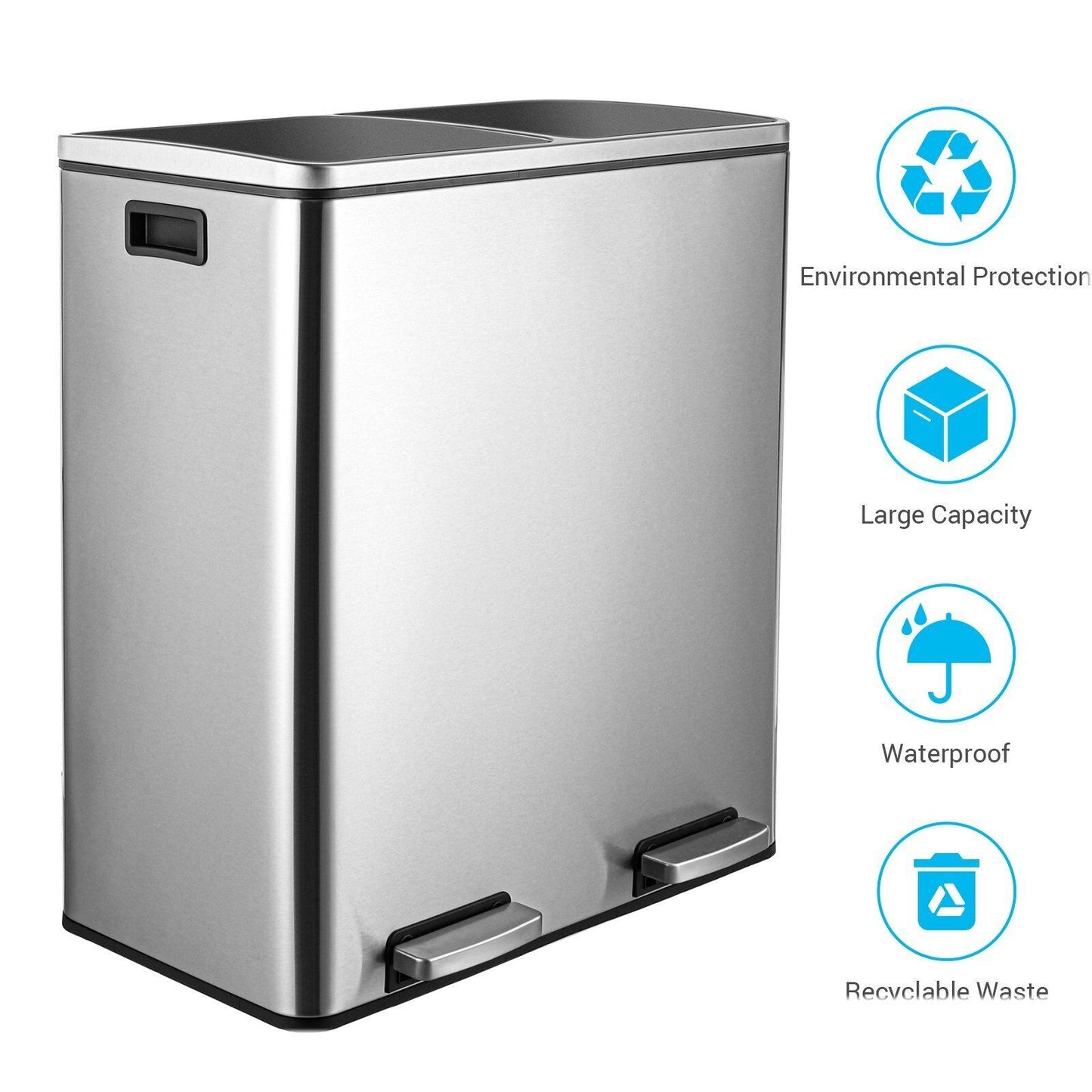 Arlopu 16 Gallon Dual Trash Can & Recycle Bin, Stainless Steel Kitchen Step Garbage Can with Lid, Foot Pedal