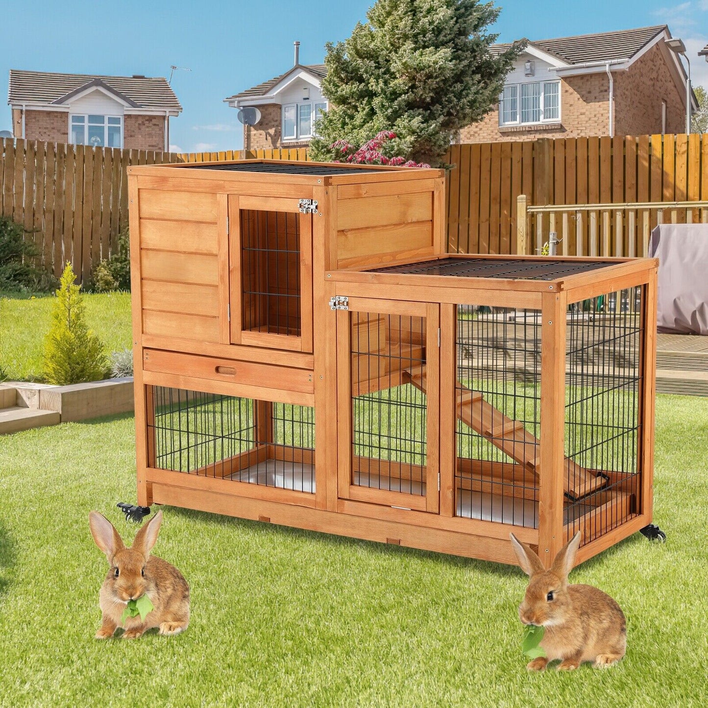 Arlopu 43.3'' Wooden Rabbit Hutch, Elevated Rabbit Cage On Brake Wheel, Large Rolling Bunny Hutch, with 2 Deeper No Leak Tray, Ramp, for Small Animals