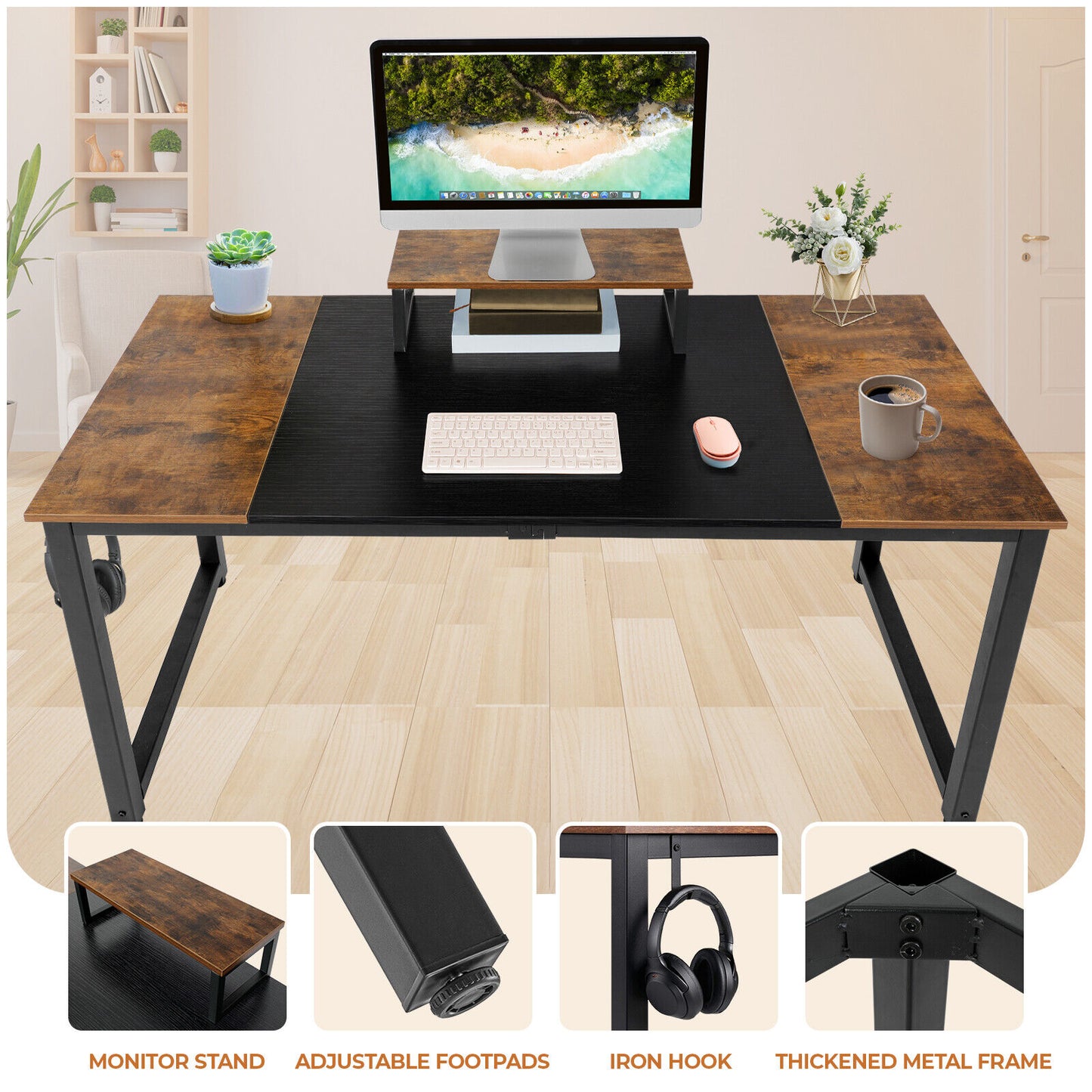 Arlopu 55'' Computer Desk, Home Office Desk, Sturdy Writing Study Table PC Laptop Table with Monitor Stand, Headphone Hook