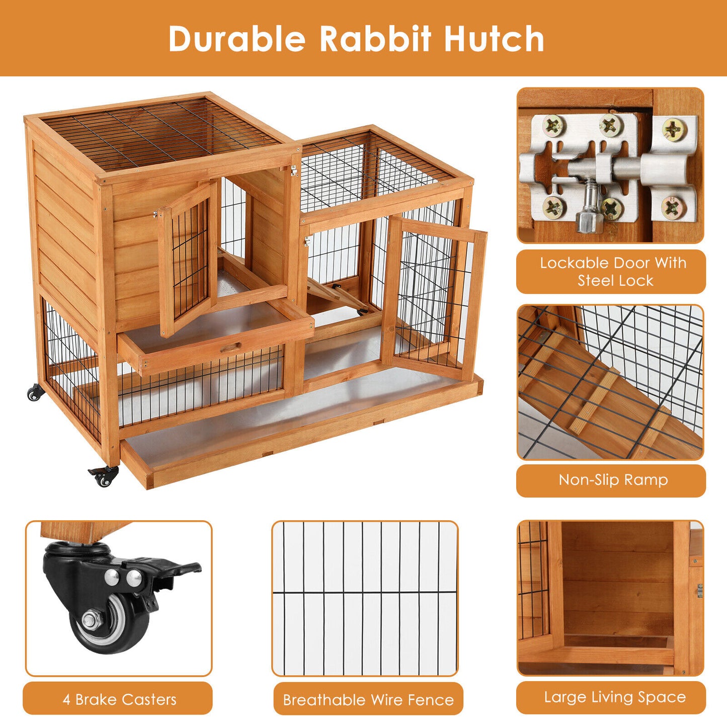 Arlopu 43.3'' Wooden Rabbit Hutch, Elevated Rabbit Cage On Brake Wheel, Large Rolling Bunny Hutch, with 2 Deeper No Leak Tray, Ramp, for Small Animals