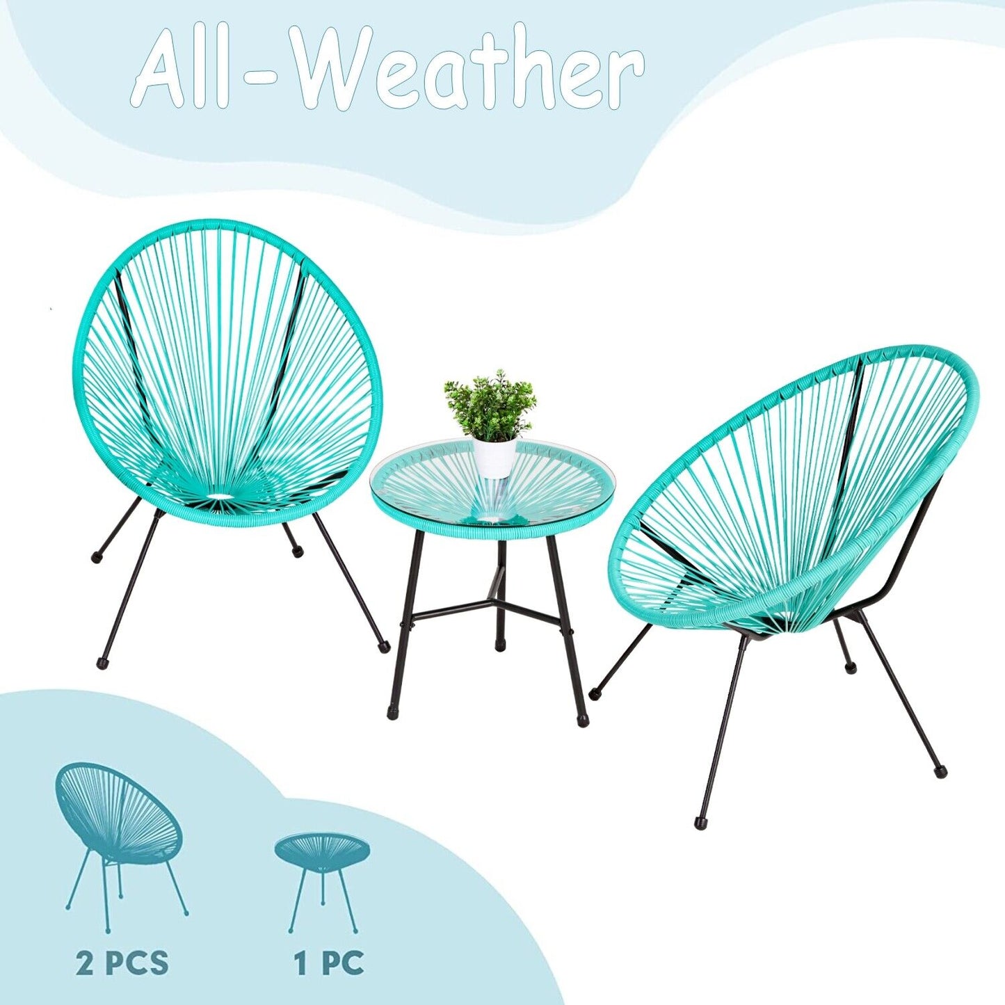 Arlopu 3-Piece All Weather Acapulco Set Patio Conversation Bistro Set Outdoor Furniture With Plastic Rope 2 Chairs and Glass Top Table