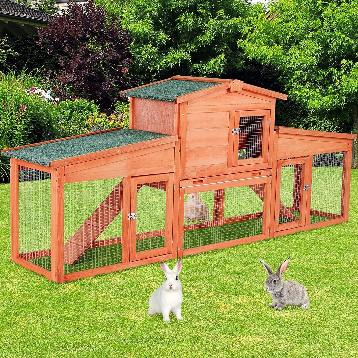 Arlopu 80.3'' Rabbit Cage Fir Wood Rabbit Hutch Outdoor Backyard Small Animals House Bunny Cage with Asphalt Roof