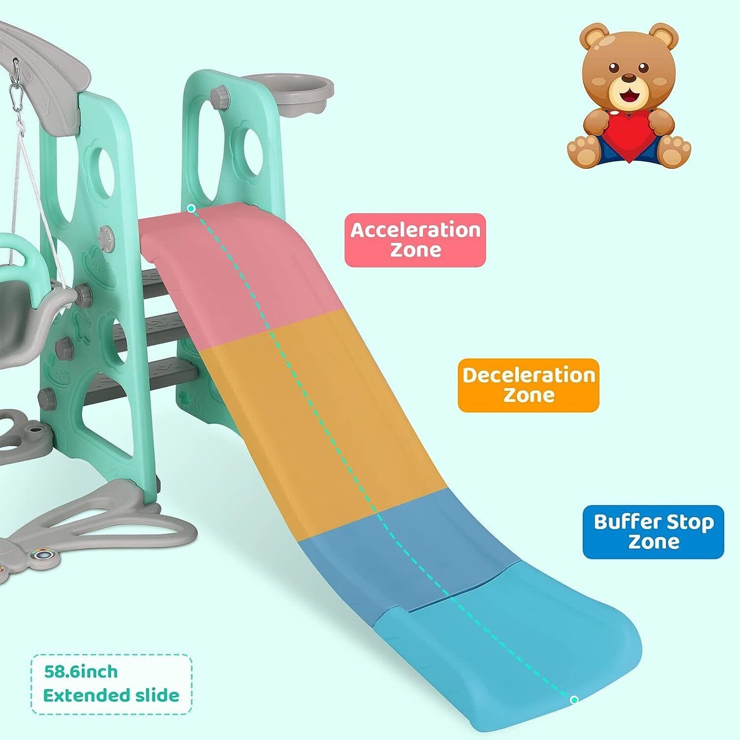 Arlopu Toddler Slide and Swing Set, 4 in 1 Kids Anti-Slip Climber Slide Playset with Basketball Hoop, Outdoor Indoor Playground for Children 3-6 Years