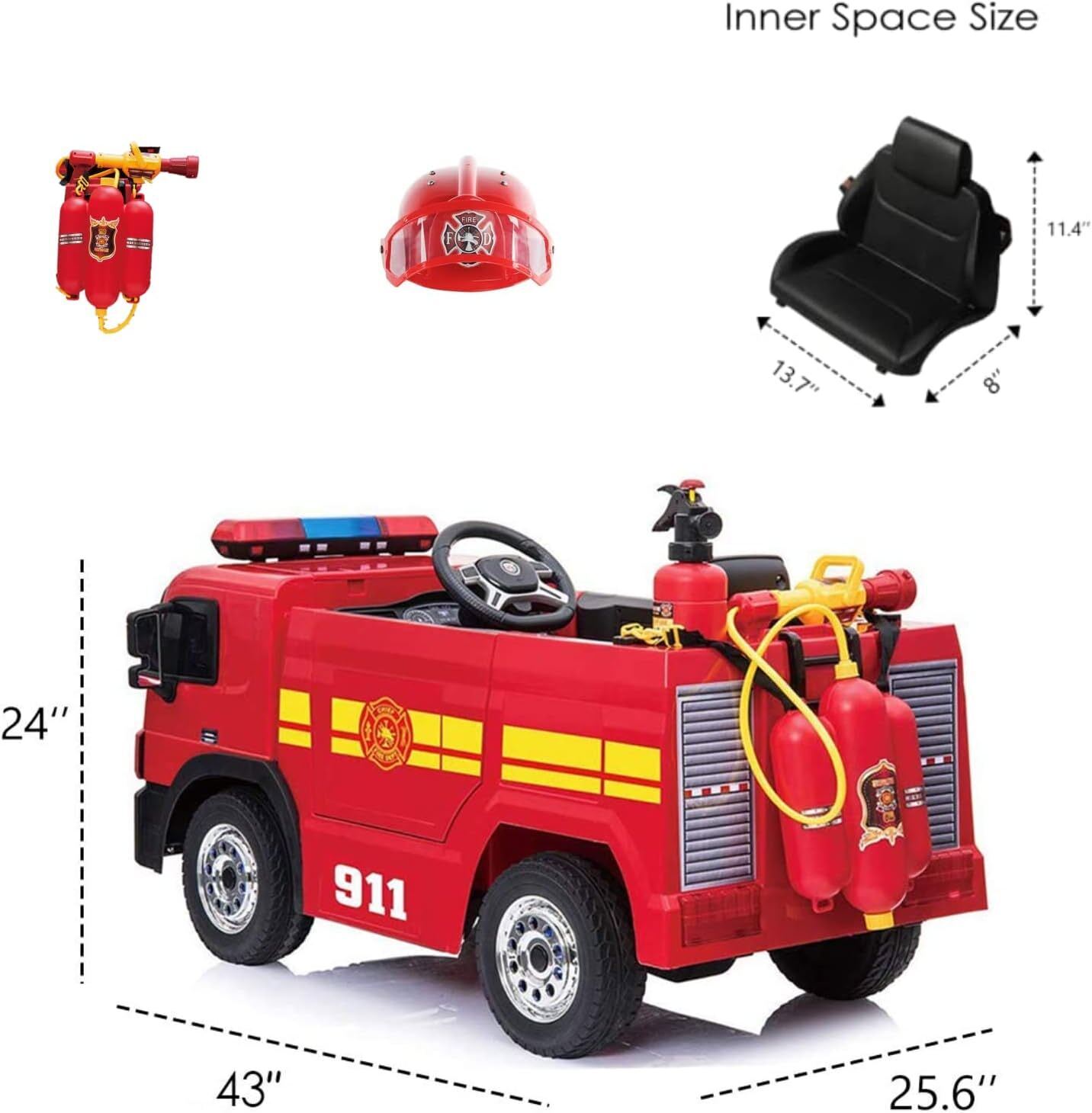 Arlopu Kids 12V Ride On Fire Truck, Battery Powered Toy Car, with Parent Remote Control, Spring Suspension, Simulation Kids' Electric Vehicles, Power Wheels with Accessories, LED Lights, MP3 Player