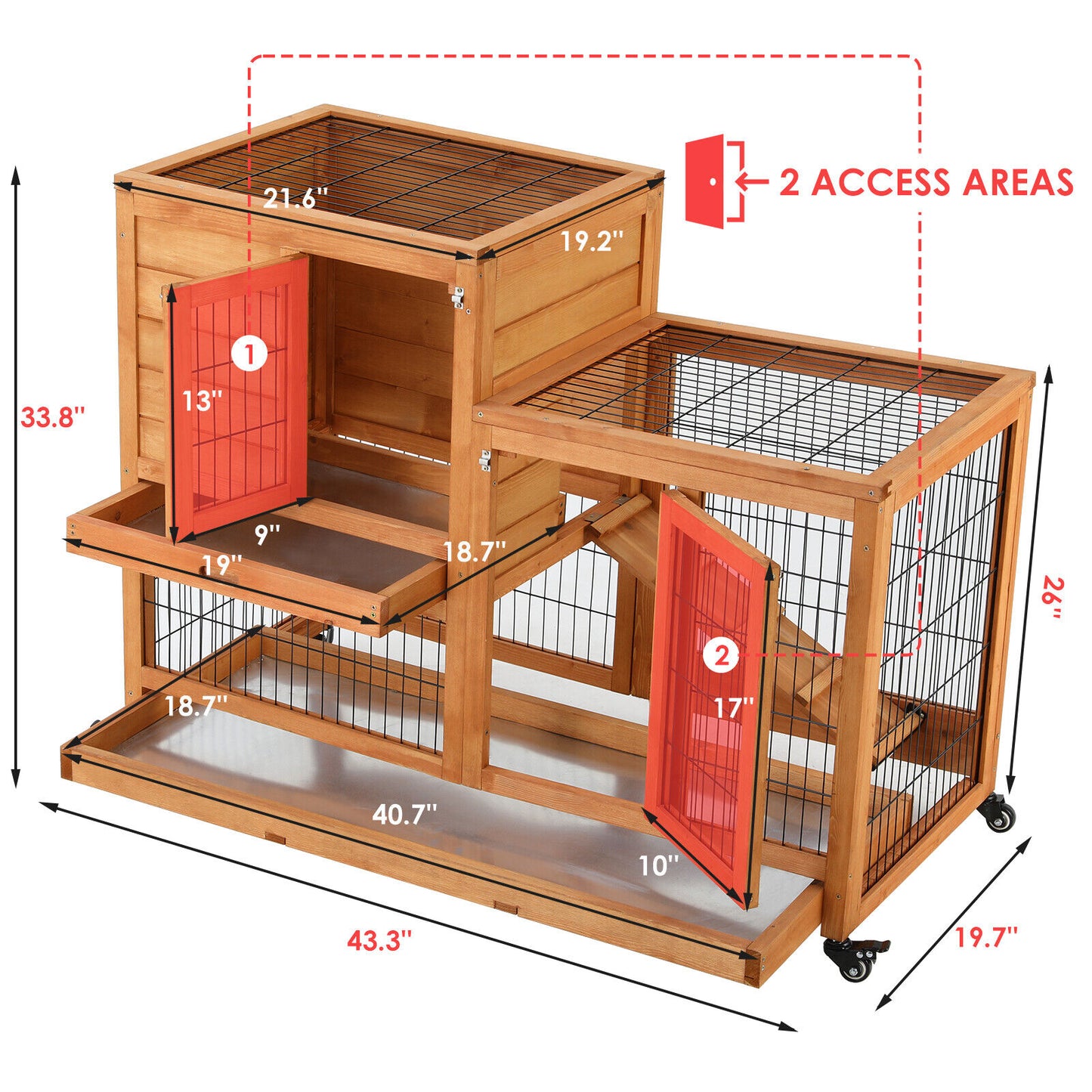 Arlopu 43.3'' Wooden Rabbit Hutch, Elevated Rabbit Cage On Brake Wheel, Large Rolling Bunny Hutch, with 2 Deeper No Leak Tray, Ramp, for Small Animals