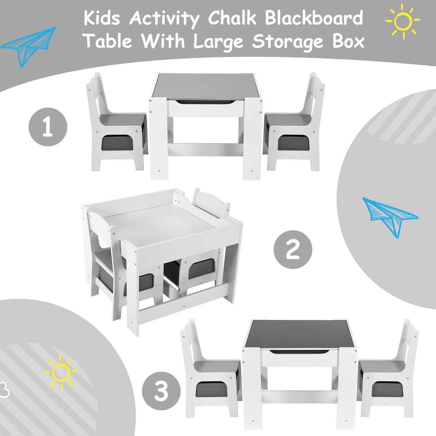 Arlopu Kids Table and 2 Chairs Set with Storage Drawer Children Writing Reading Table for Toddlers 2-8 Years