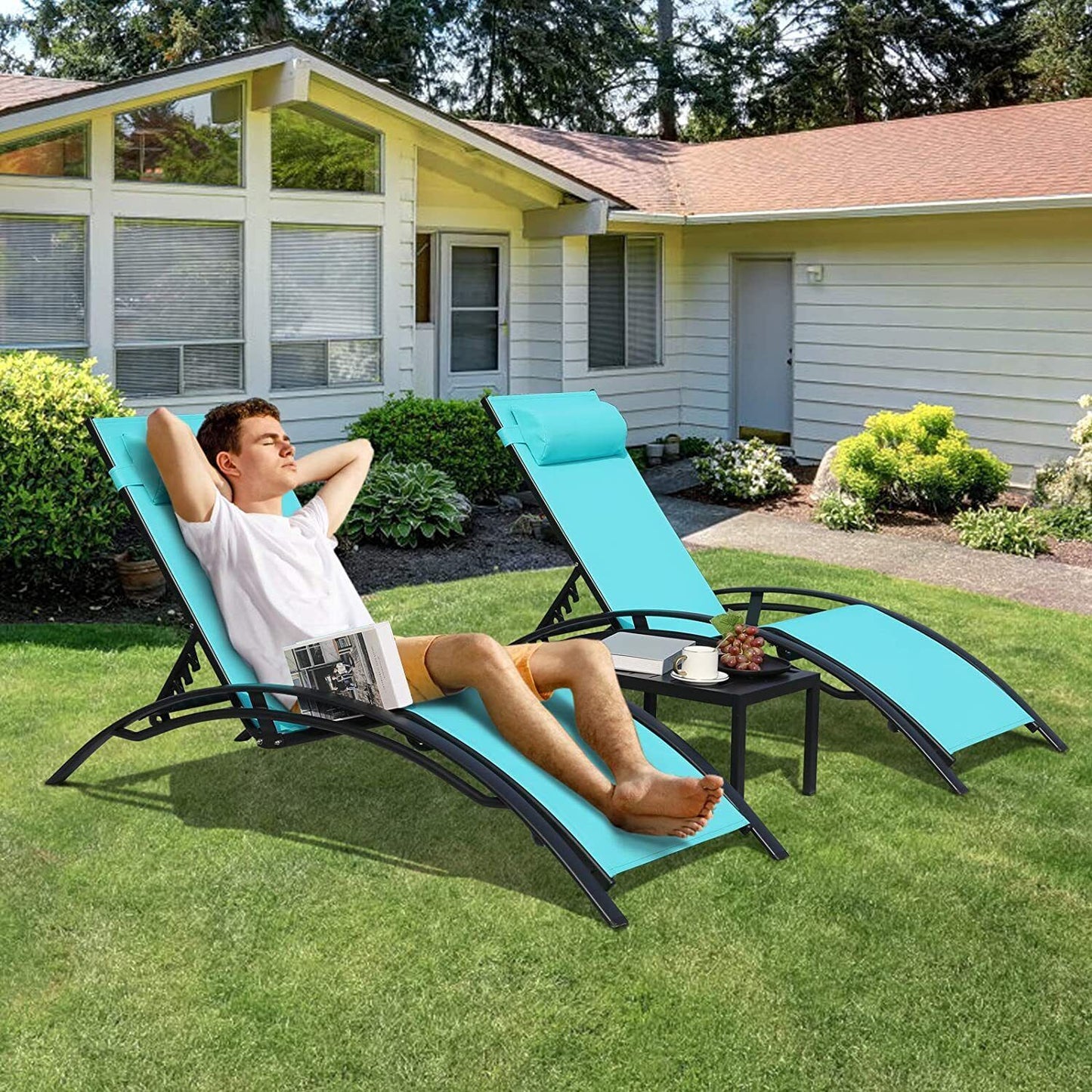 Arlopu 3pcs Patio Chaise Lounge Chairs Set, Outdoor Poolside Adjustable Recliner Lounger Chair for Sunbathing