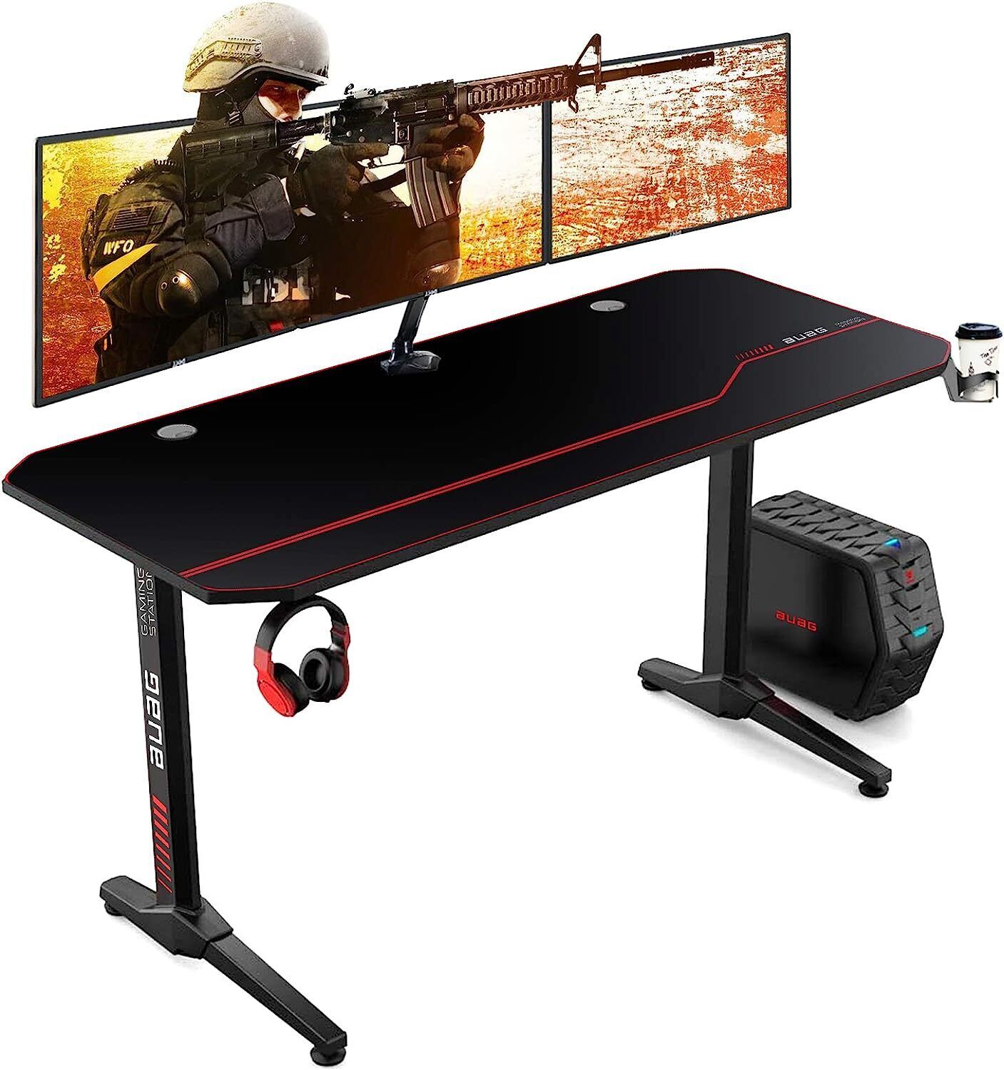 Arlopu 55in Racing Style Gaming Desk, T-Shaped Gaming Computer Table Home Office Workstation with Mouse Pad, Cup Holder & Headphone Hook