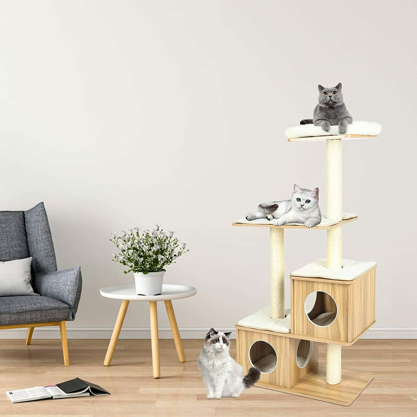 Arlopu Modern Wooden Cat Tree Tower, Large Cat Condo Furniture with Multi-Layer Platform, 55.6" Tall Cat Climbing Stand House with Sisal Scratching Post, Washable Plush Cushion for Kittens / Large Cats