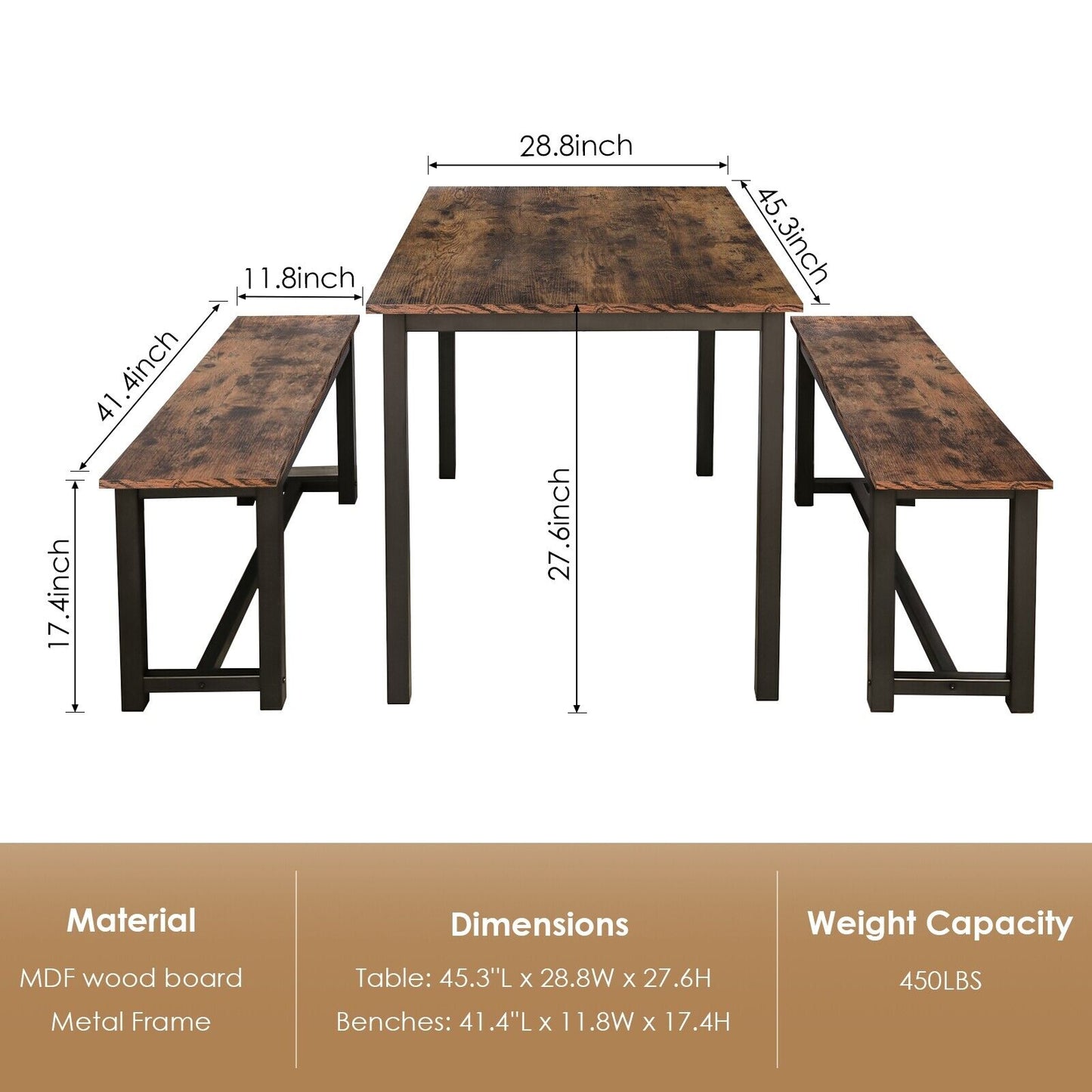 Arlopu Compact Dining Table Set with 2 Benches for Dining Room / Kitchen