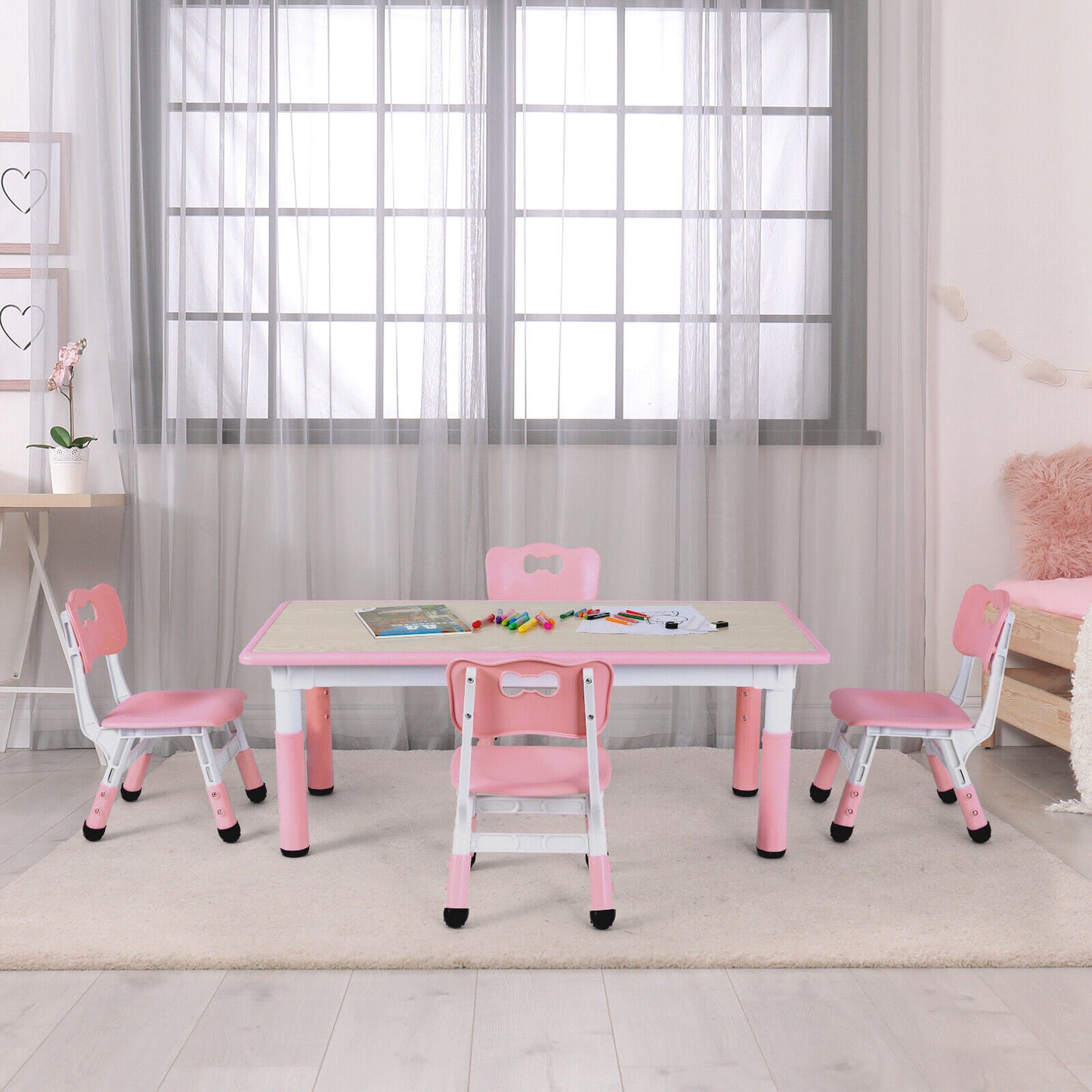 Arlopu Kids Table and 4 Chairs Set, Adjustable Height, Ideal for Arts & Crafts, Snack Time, Homeschooling, Homework