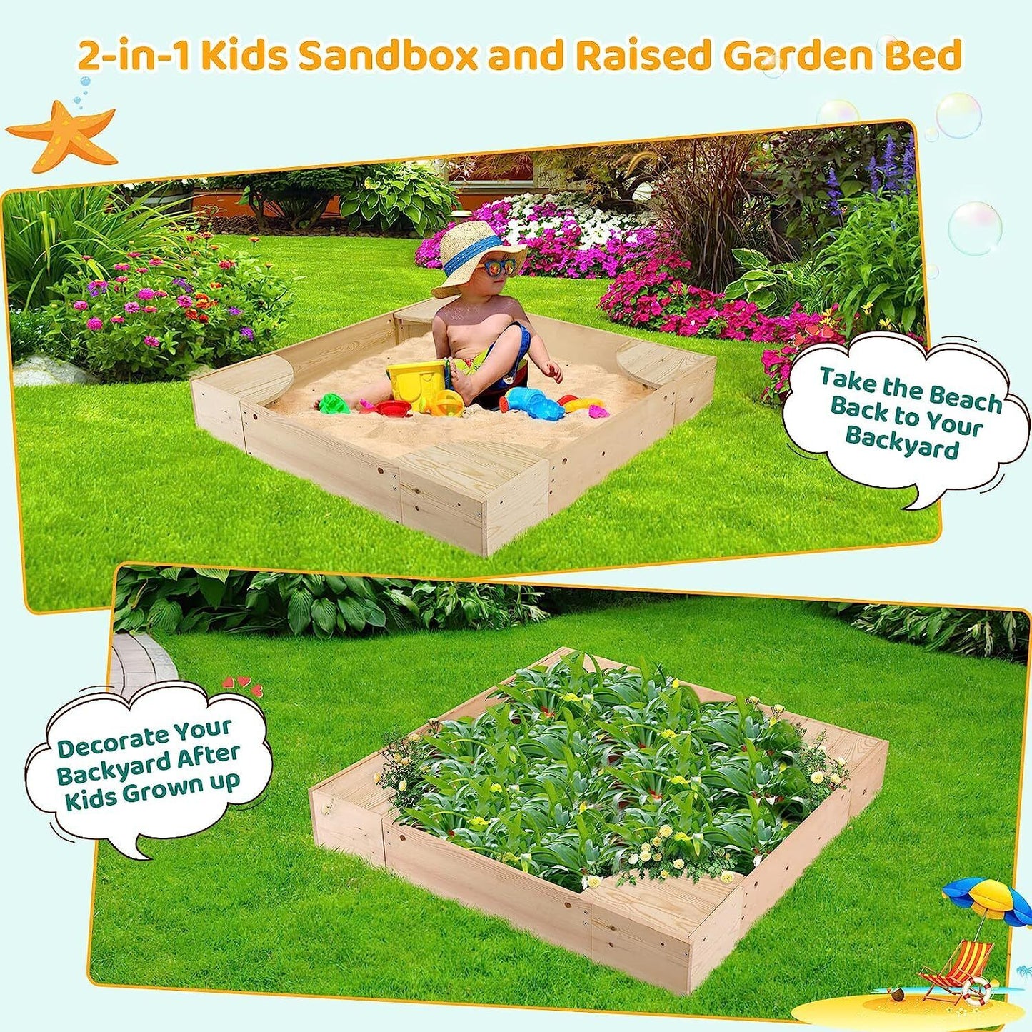 Arlopu Wooden Sandbox with Cover, Outdoor Kids Sandpit Box with 4 Built-in Corner Seats for Toddlers Age 2 to 8