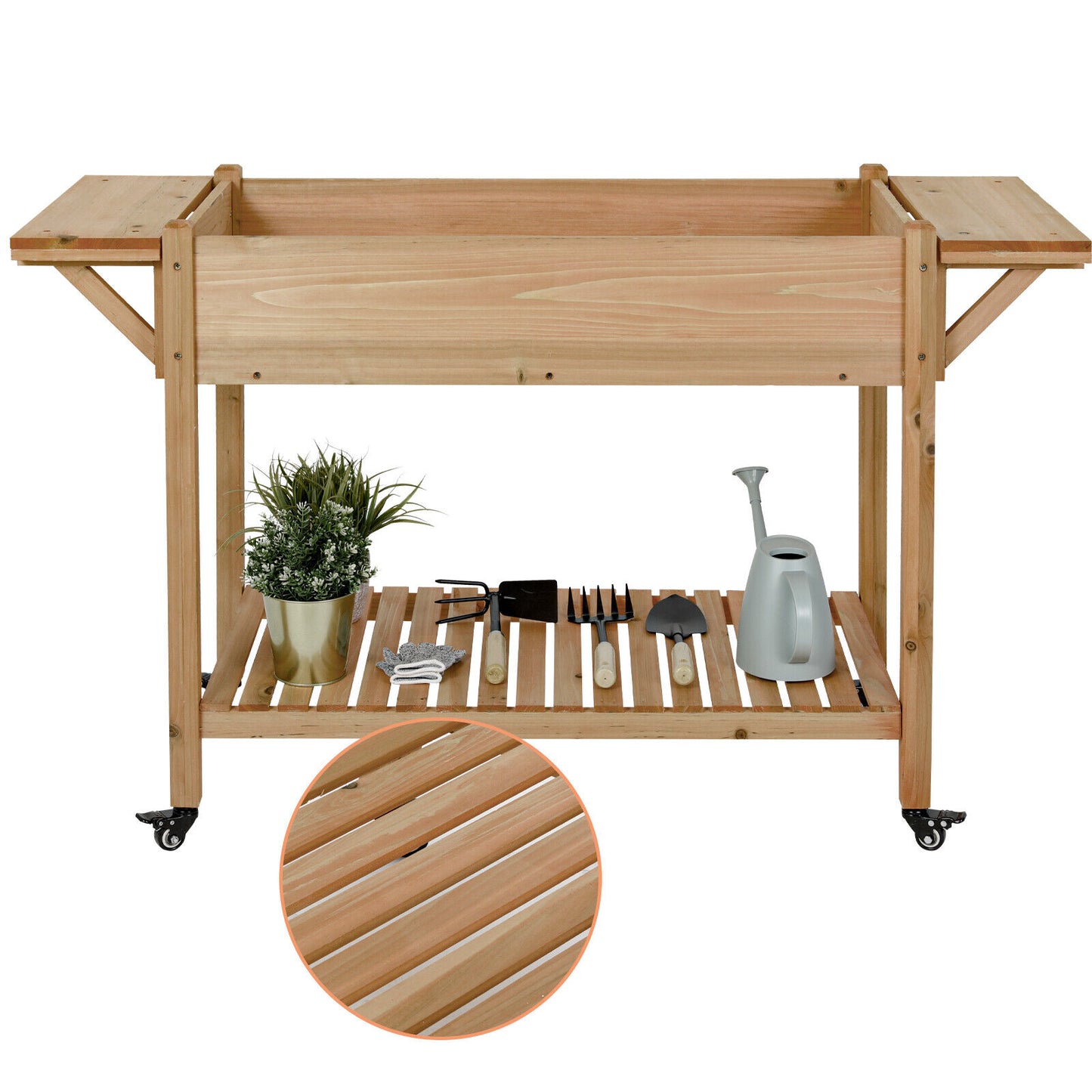 Arlopu Raised Garden Bed with Wheels, Elevated Wood Planter Box with Side Tables and Open Shelf for Outdoor Patio Garden