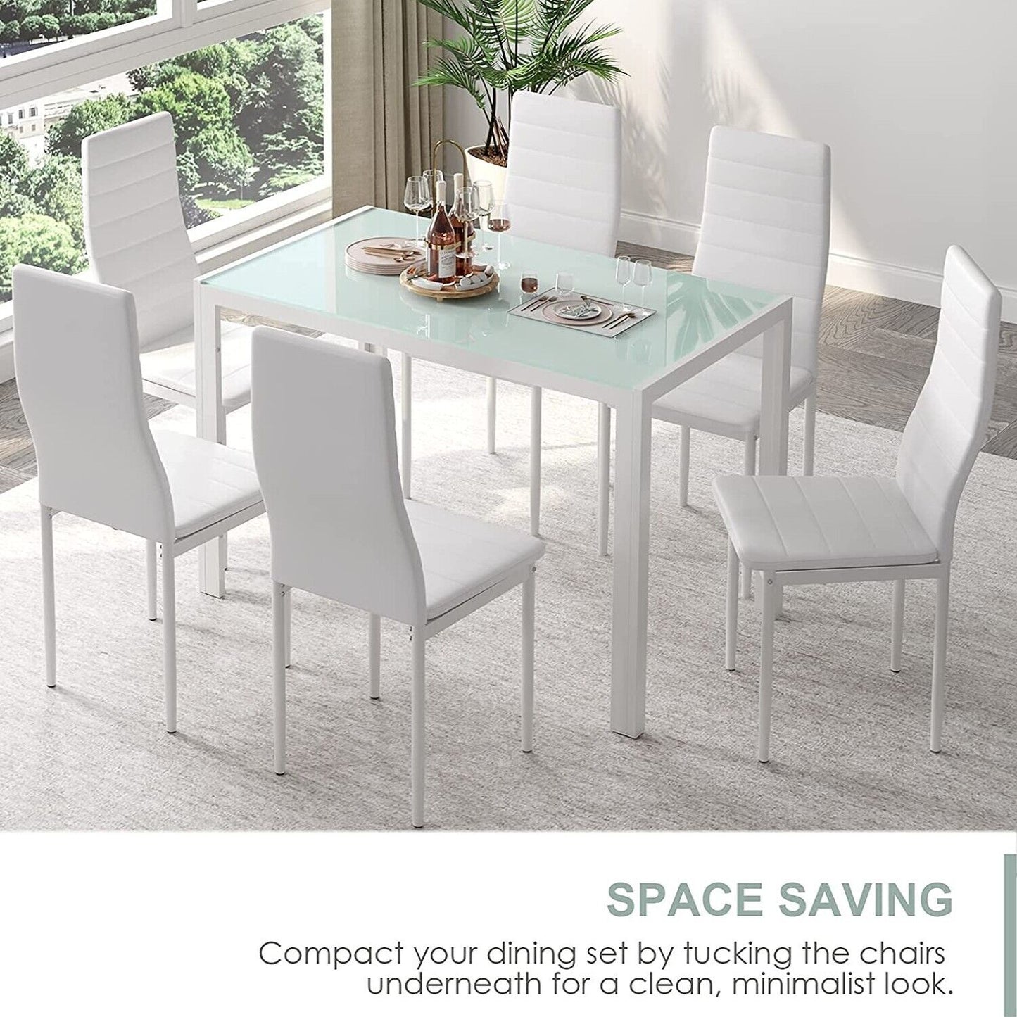 Arlopu 7 Piece Kitchen Dining Table Set for 6, Glass Dining Table and 6 PU Leather Chairs - White