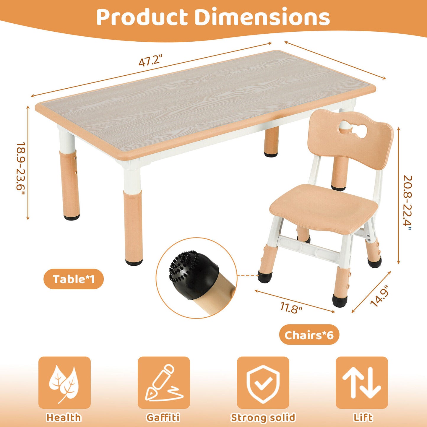 Arlopu Kids Table and 6 Chairs Set Height Adjustable Toddler Play Activity Table Set, Graffiti Tabletop