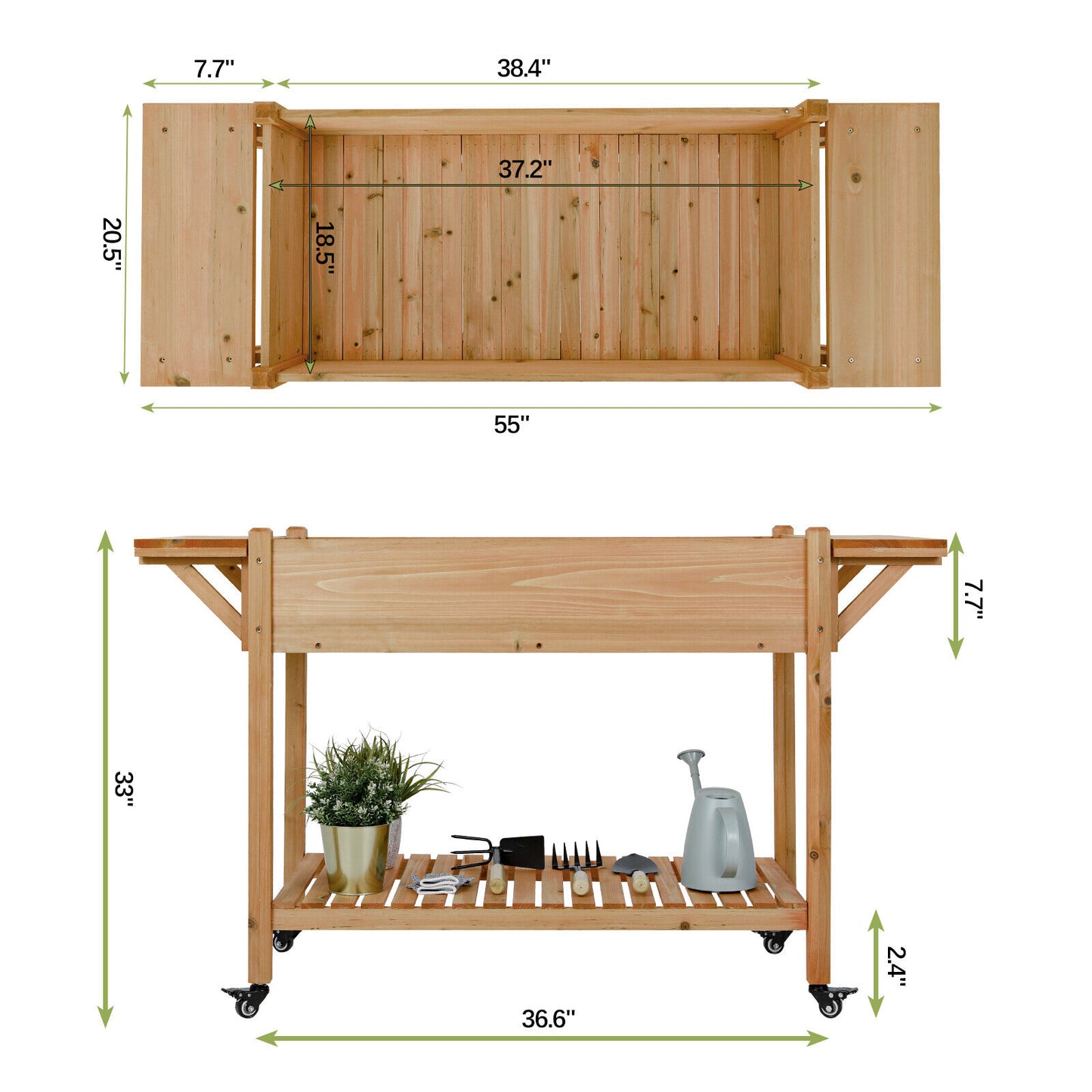 Arlopu Raised Garden Bed with Wheels, Elevated Wood Planter Box with Side Tables and Open Shelf for Outdoor Patio Garden