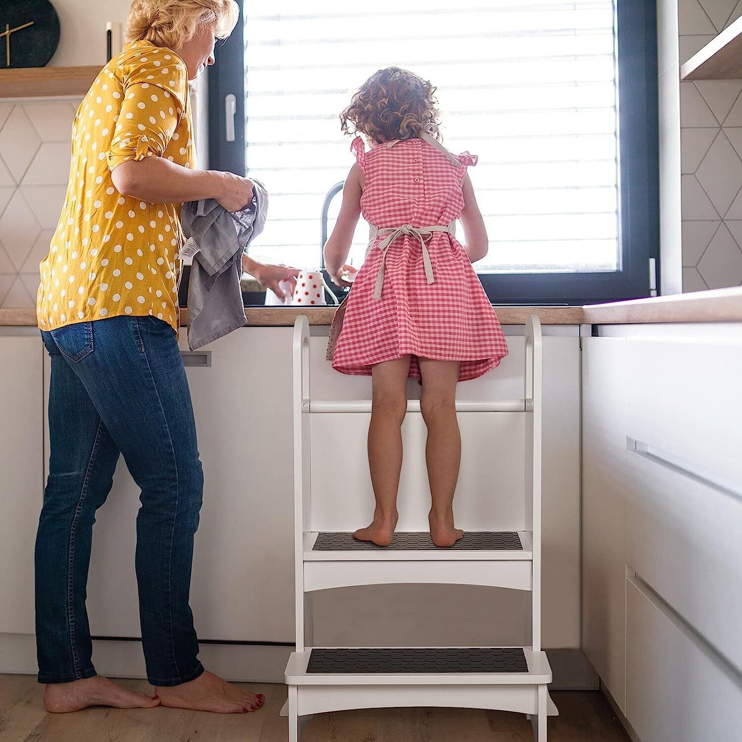 Arlopu Kids Kitchen Step Stool, Wooden Standing Stool, Two-Step Stool Standing Platform, Children Standing Tower - White